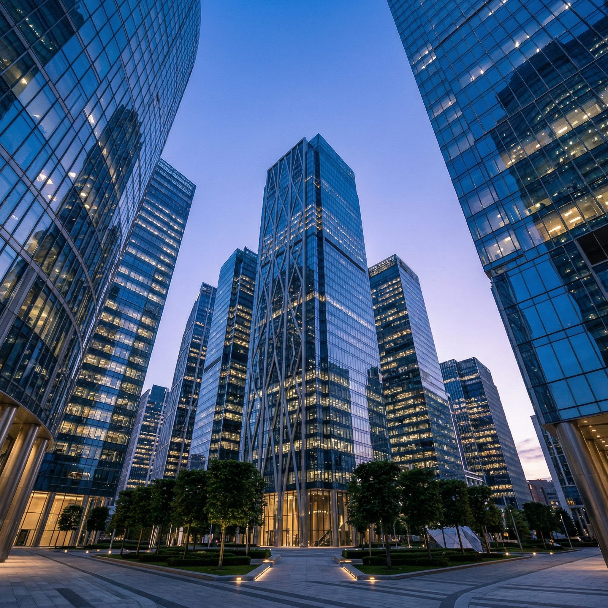 Modern glass skyscrapers at dusk in business district