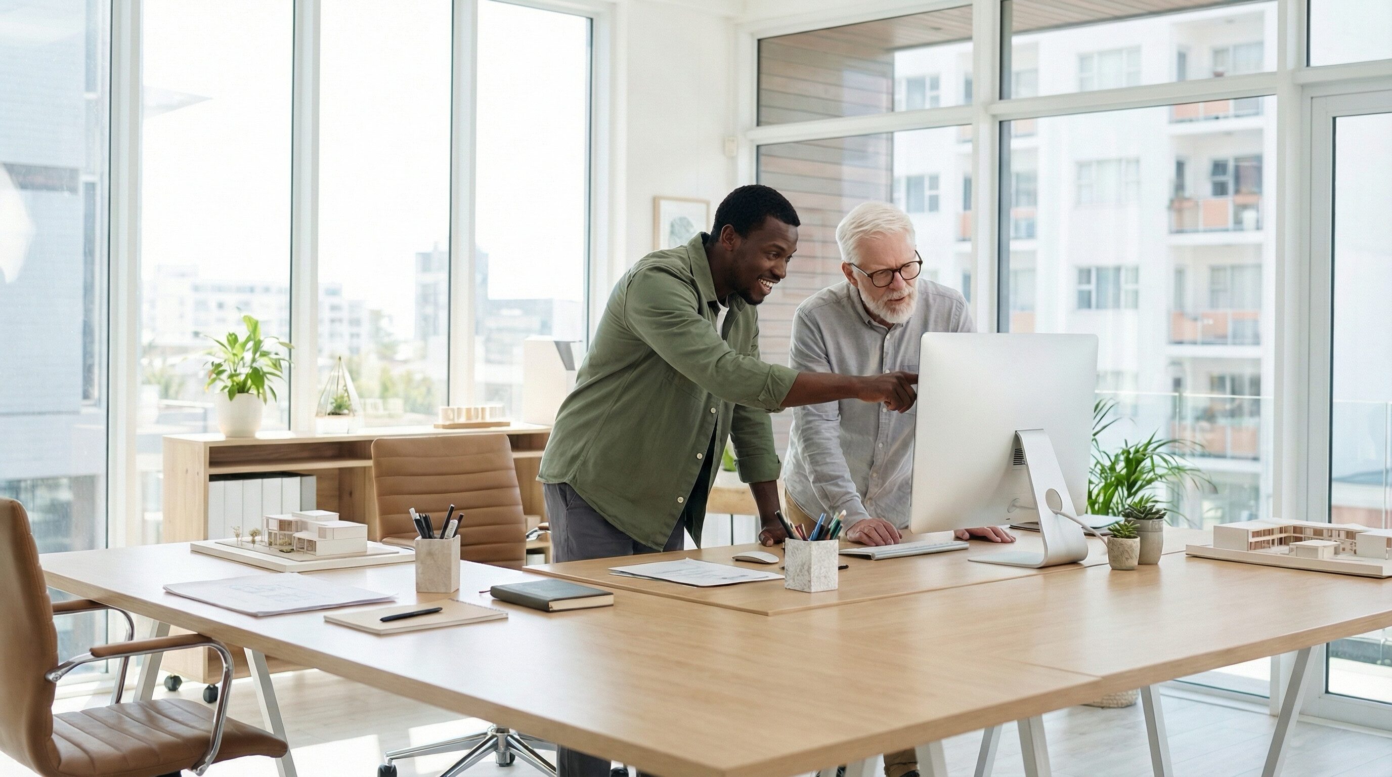 Colleagues Collaborating at Computer in Modern Office