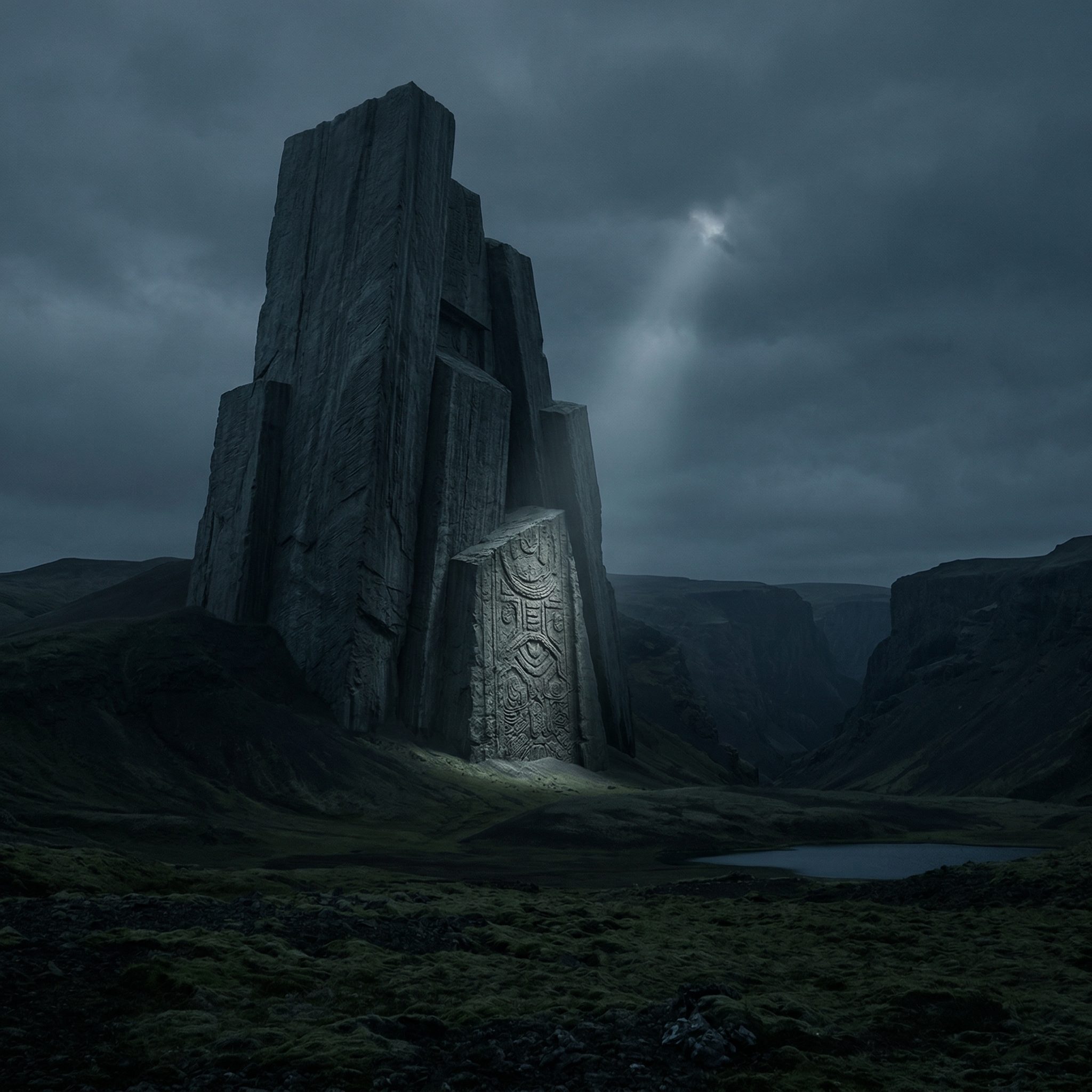 Monolithic Stone Tower in Stormy Valley