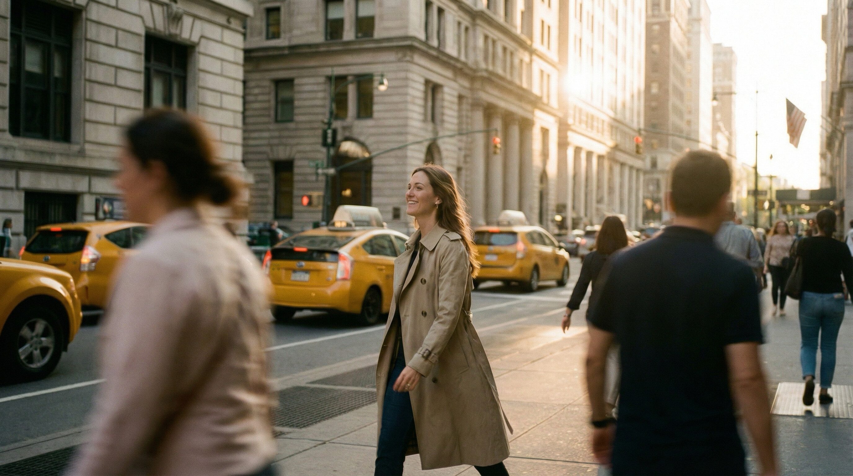 Smiling woman walking in city street at sunset