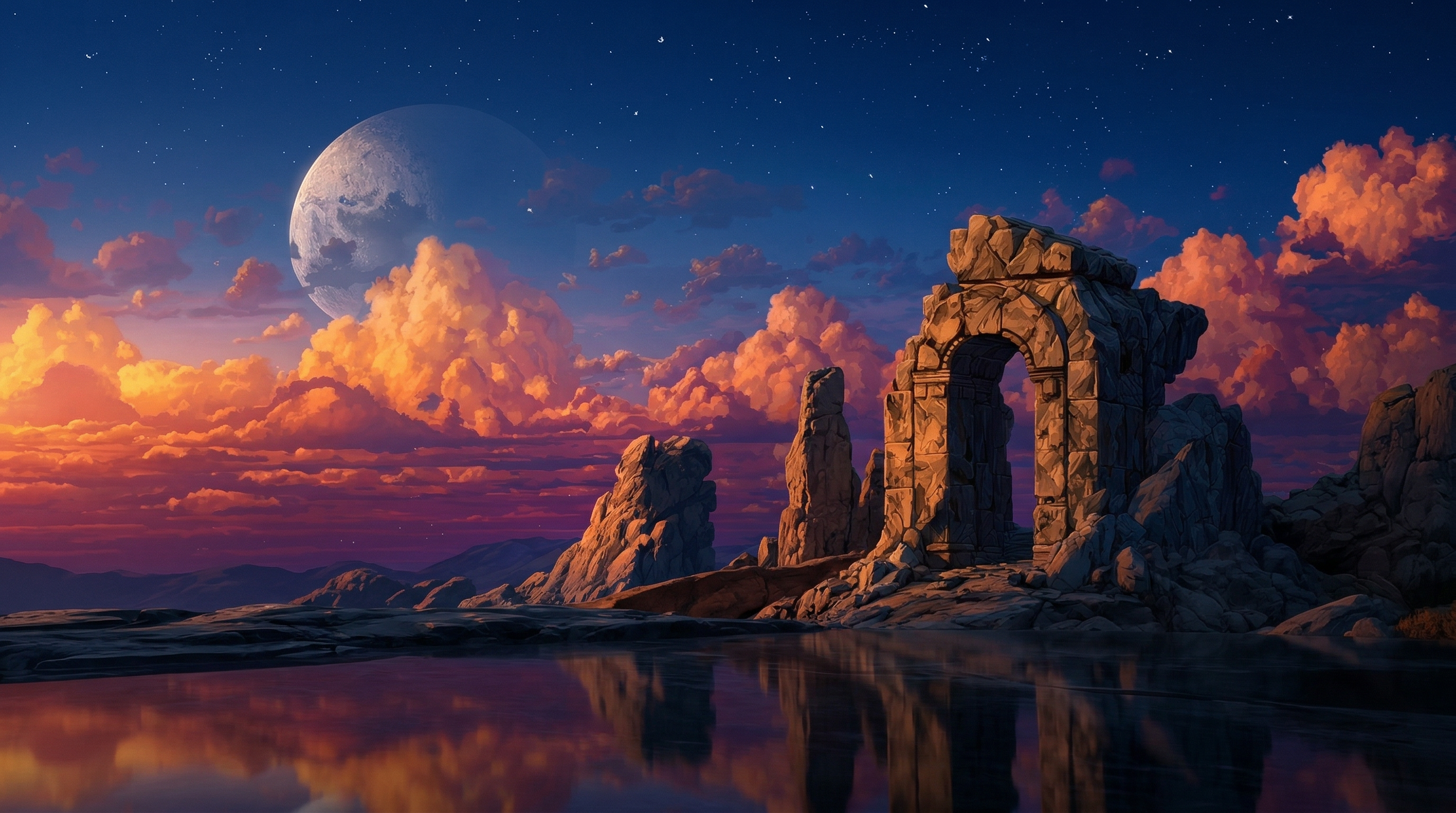 Fantasy Ruins Beneath a Moonlit Sky