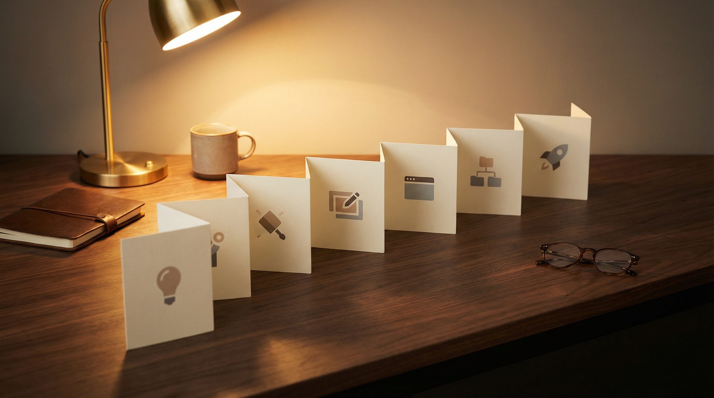 Creative icons on folded cards at warm desk