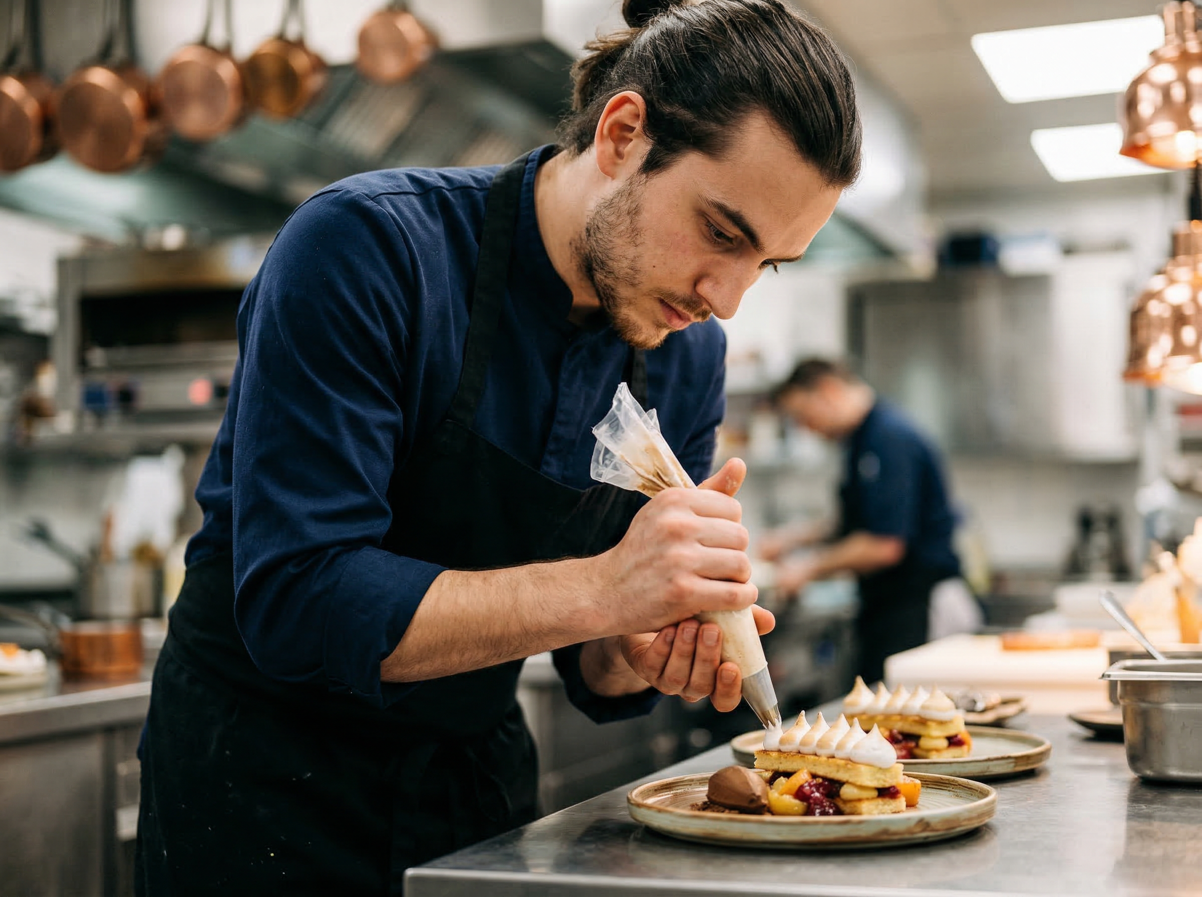 Pastry Chef Plating Dessert in Restaurant Kitchen