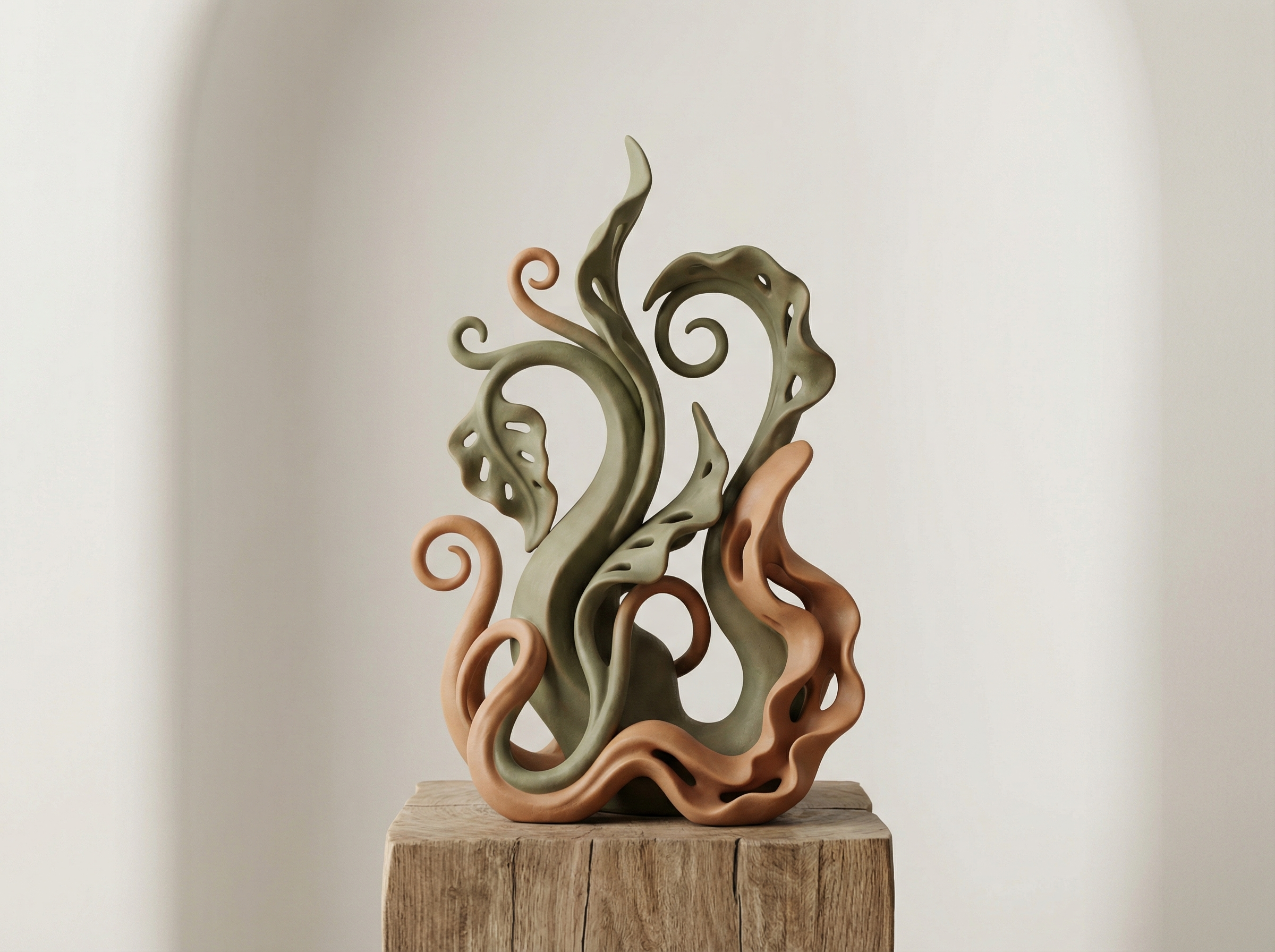 Organic abstract ceramic sculpture on wood block