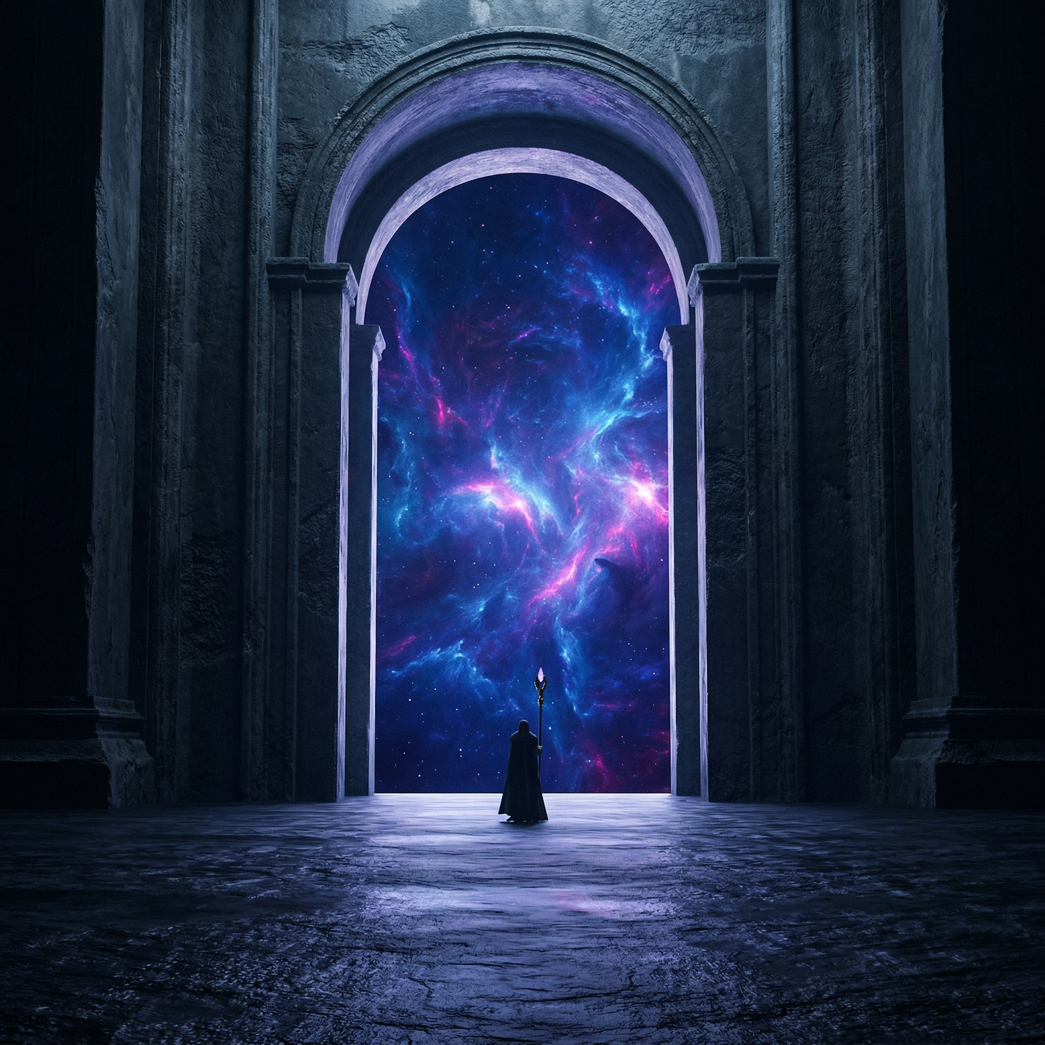 Mystic Figure Before a Cosmic Portal