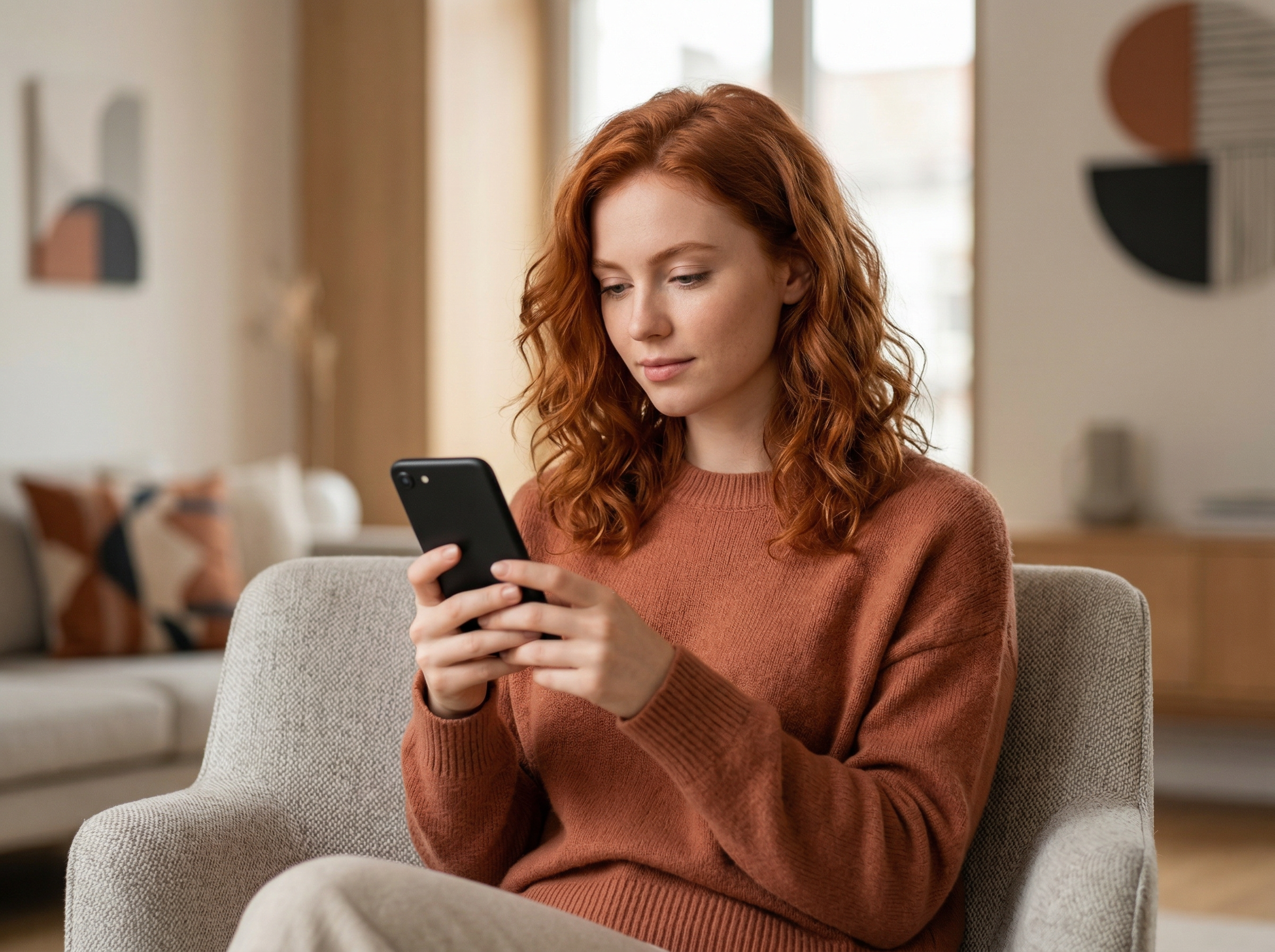 Woman Using Smartphone in Cozy Living Room