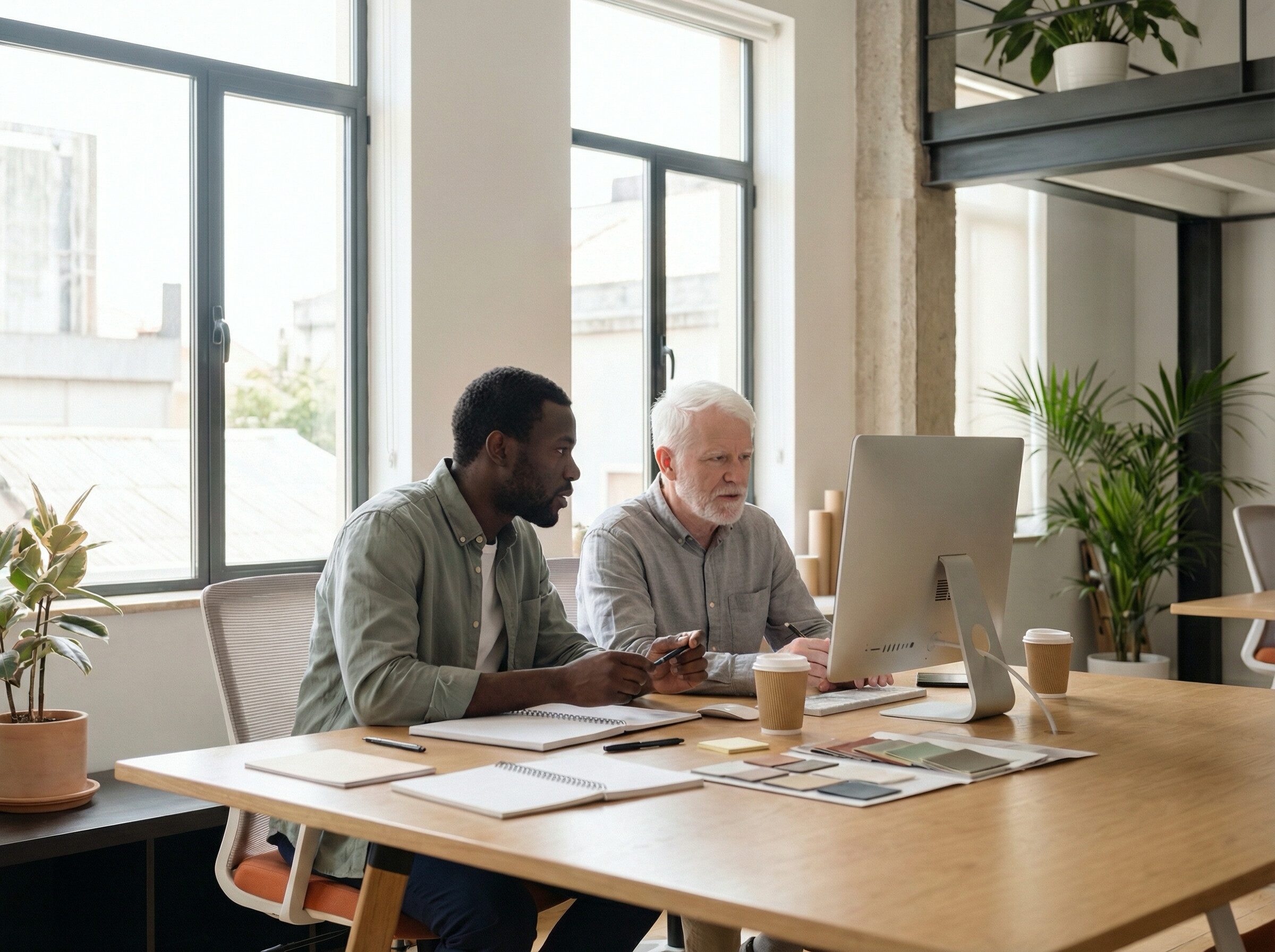 Two colleagues collaborating at office desktop