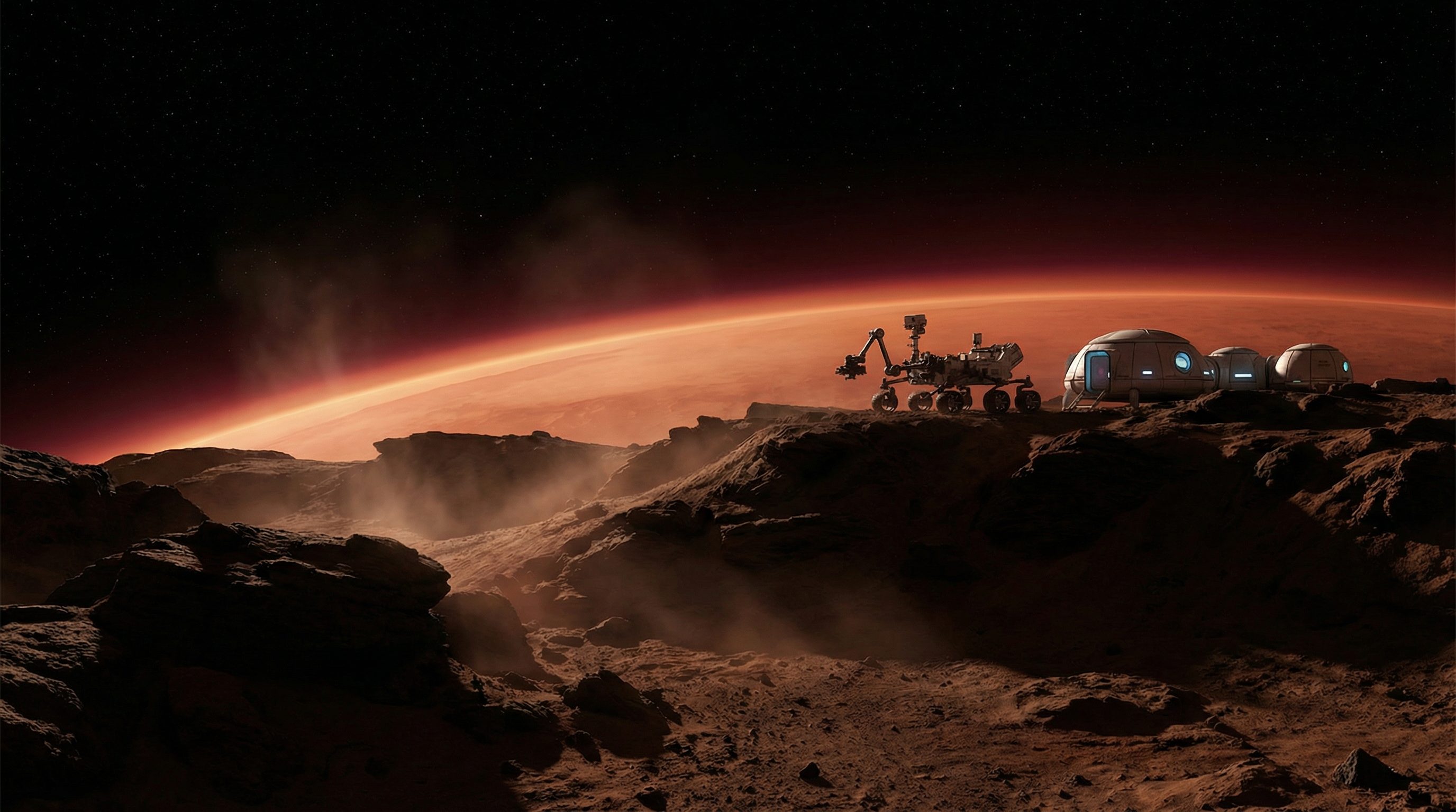 Mars Rover and Habitat on Rocky Alien Landscape