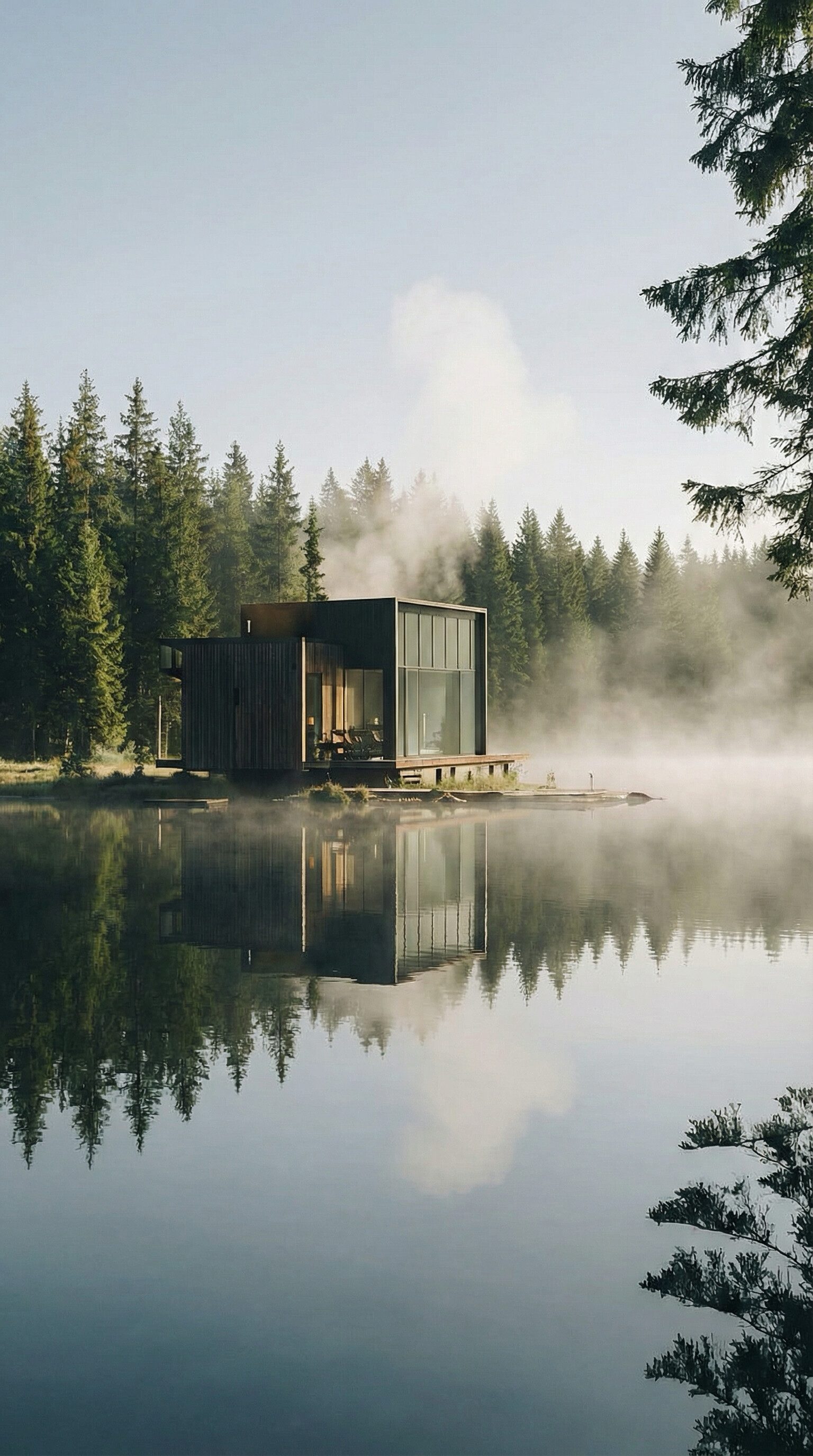 Modern lakeside cabin in misty forest
