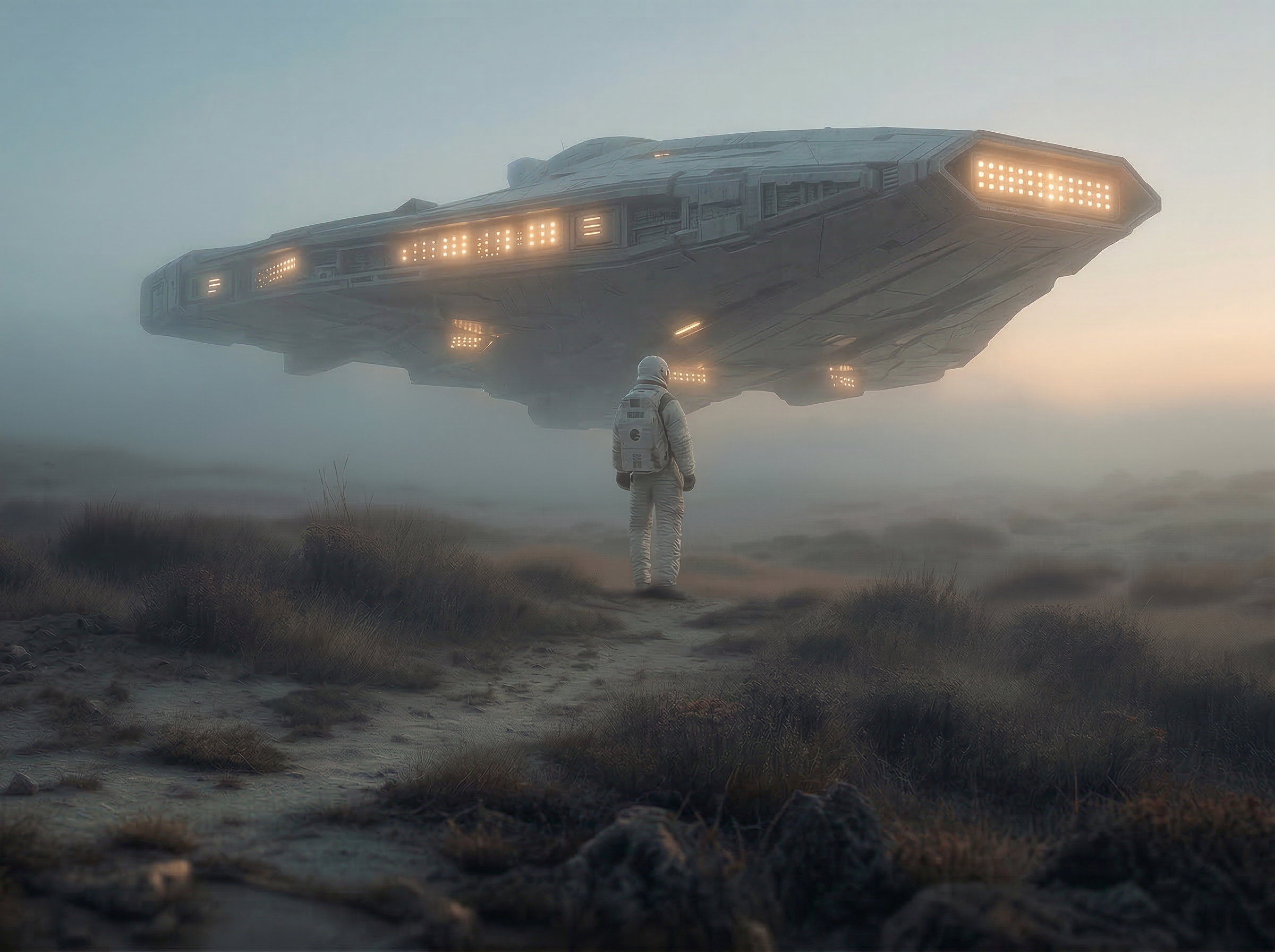 Astronaut Facing Hovering Sci-Fi Spacecraft