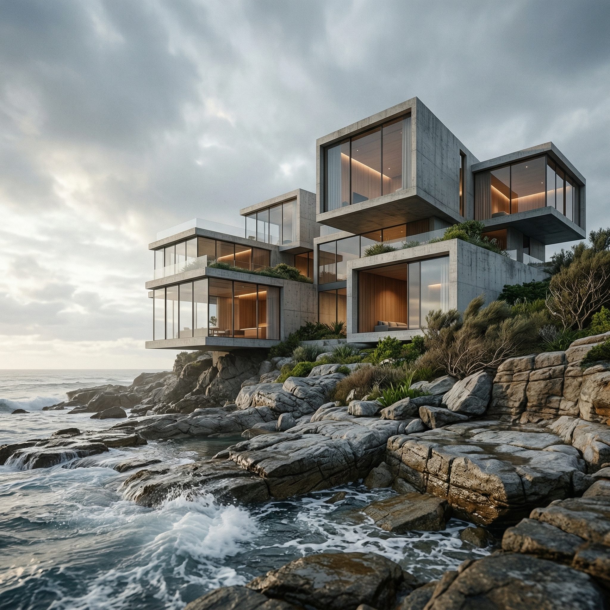 Modern concrete villa on rocky ocean coastline