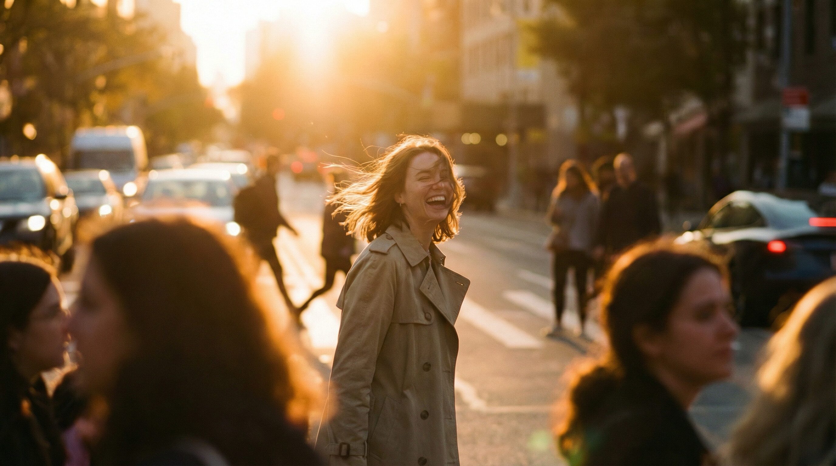 Smiling woman in city street at golden hour