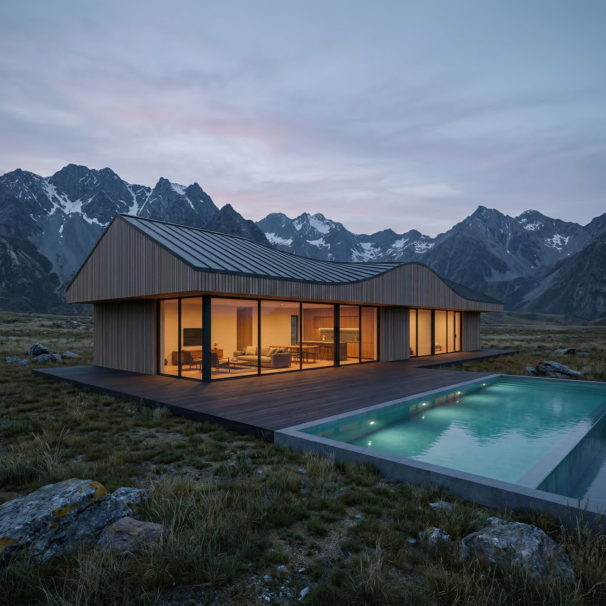 Modern Mountain House with Pool at Dusk