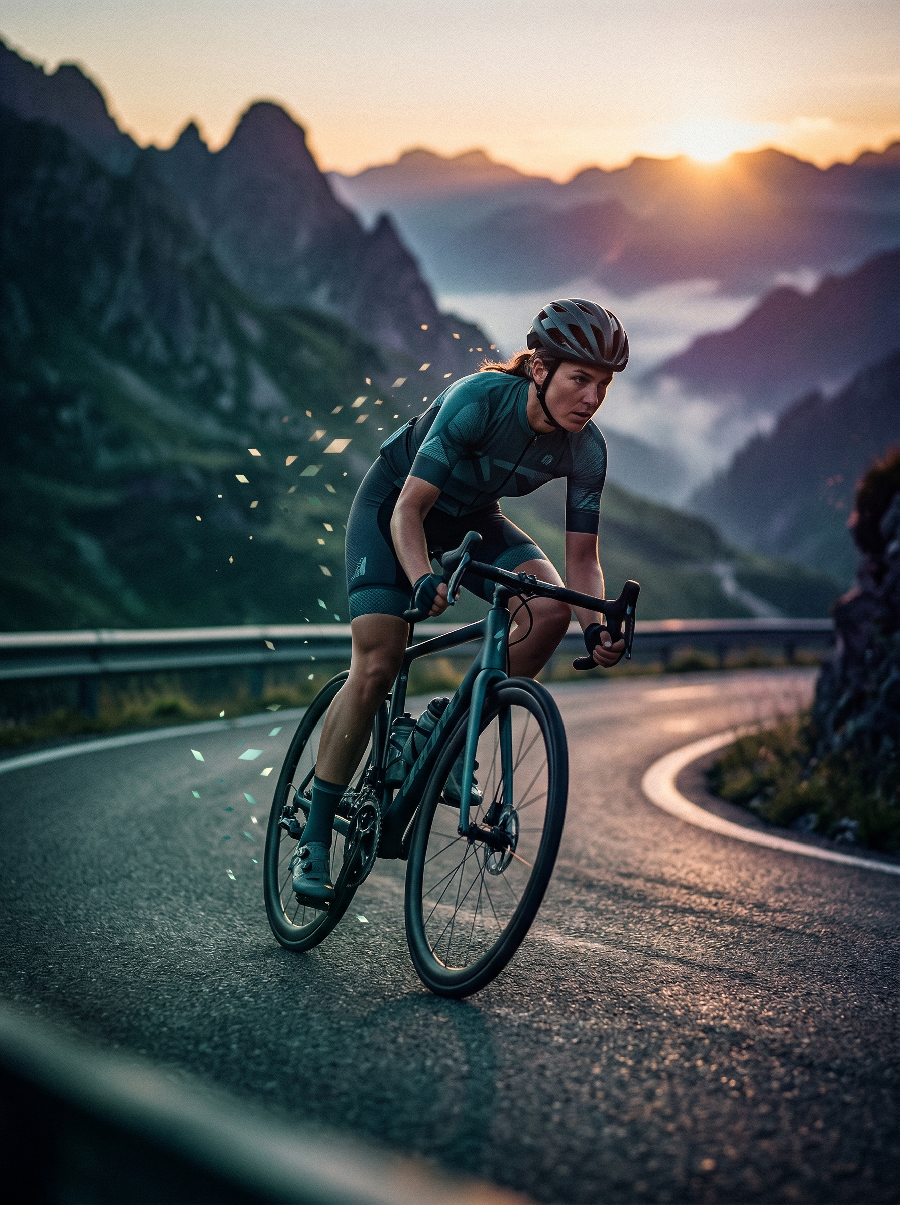 Cyclist Climbing Mountain Road at Sunrise