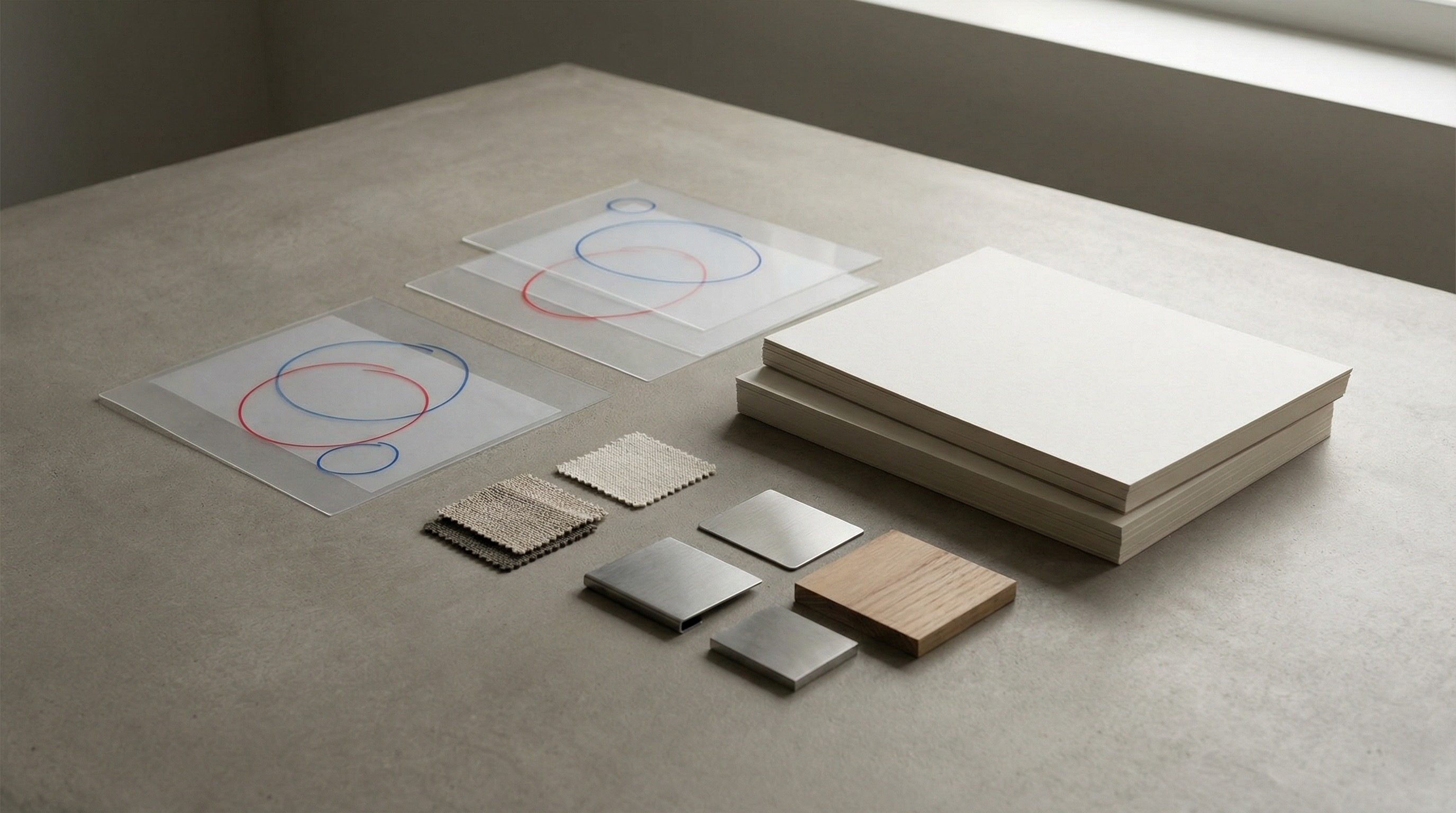 Minimalist material samples on concrete surface