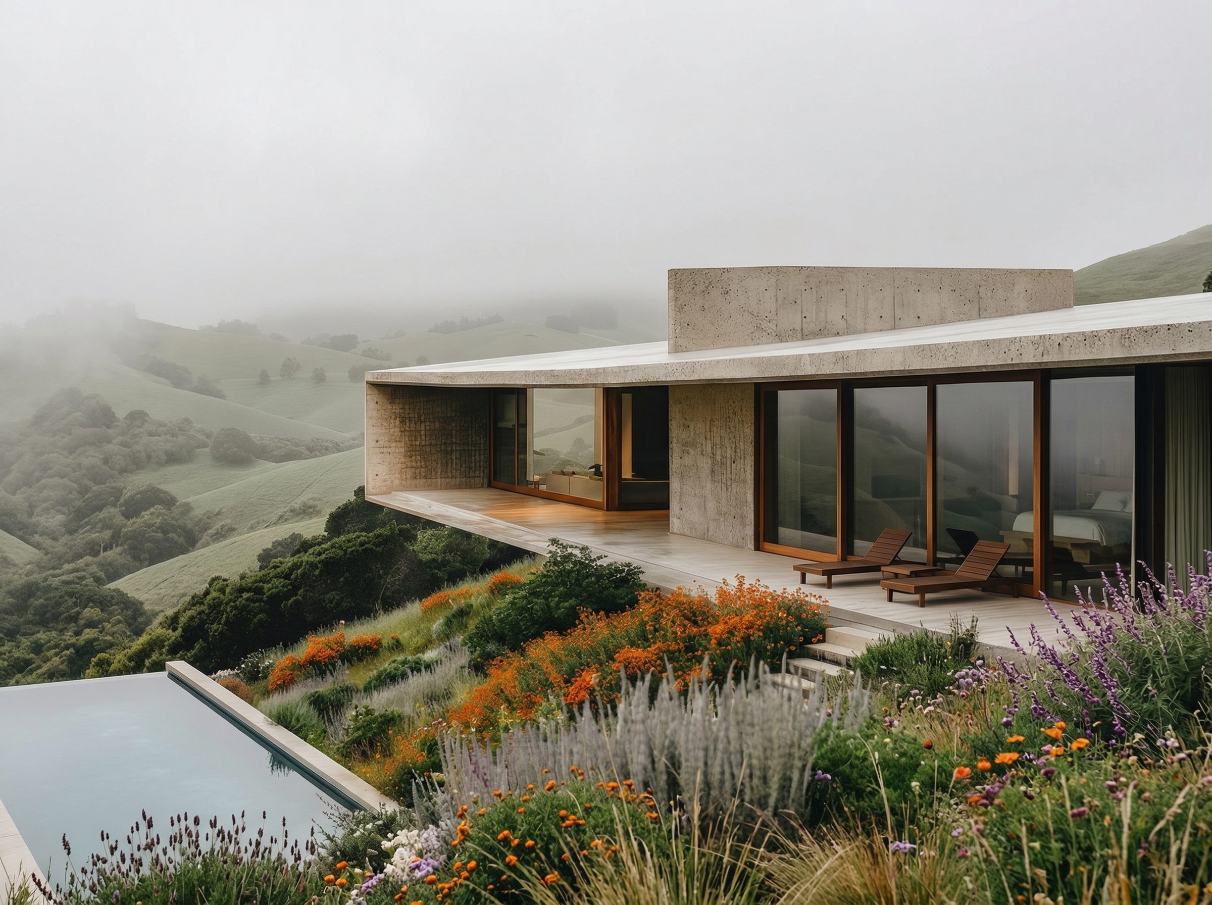 Modern hillside villa in misty landscape