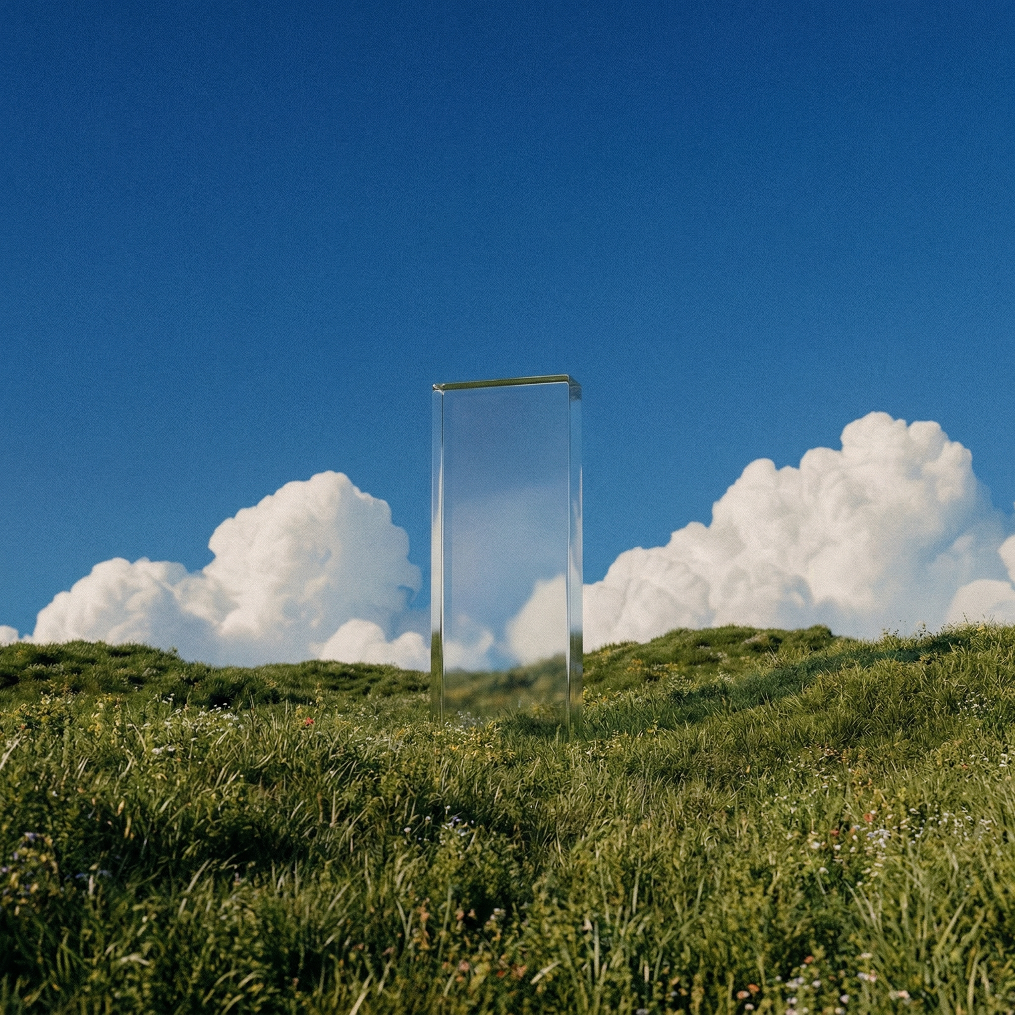 Surreal Glass Door in Grassy Landscape