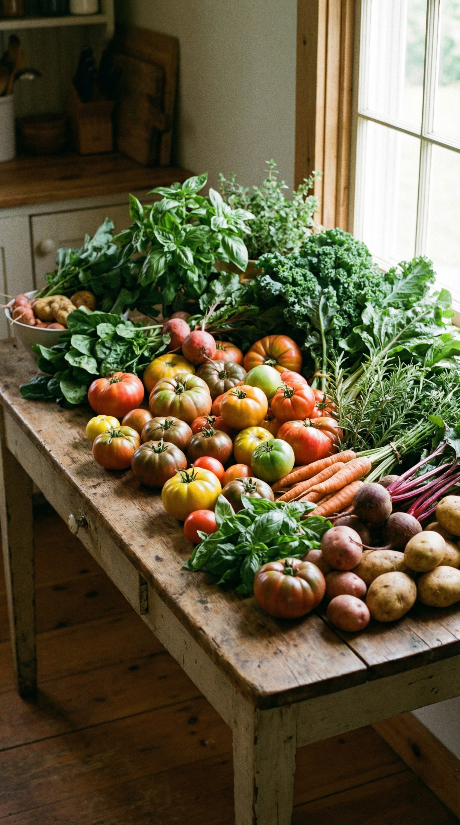 Fresh garden vegetables on rustic kitchen table