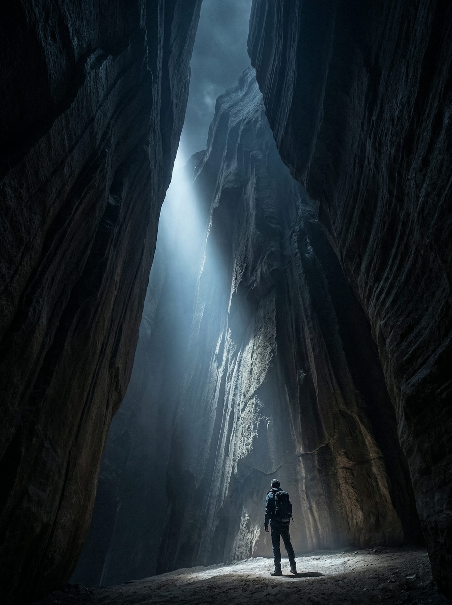 Hiker in a narrow canyon with sunbeam