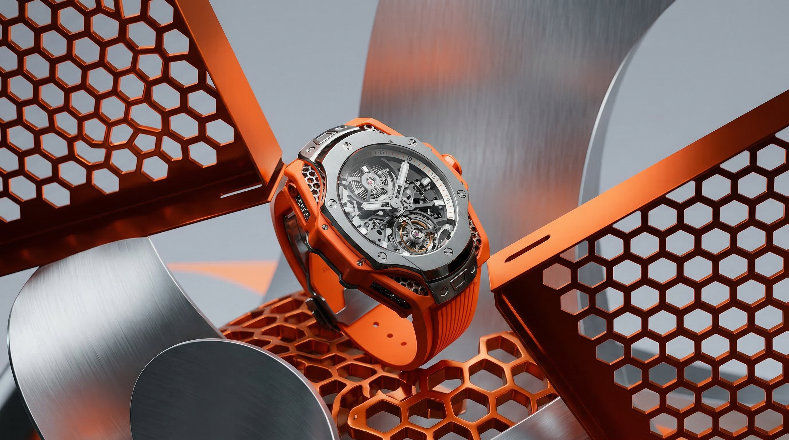 Orange Skeleton Luxury Watch on Metallic Honeycomb