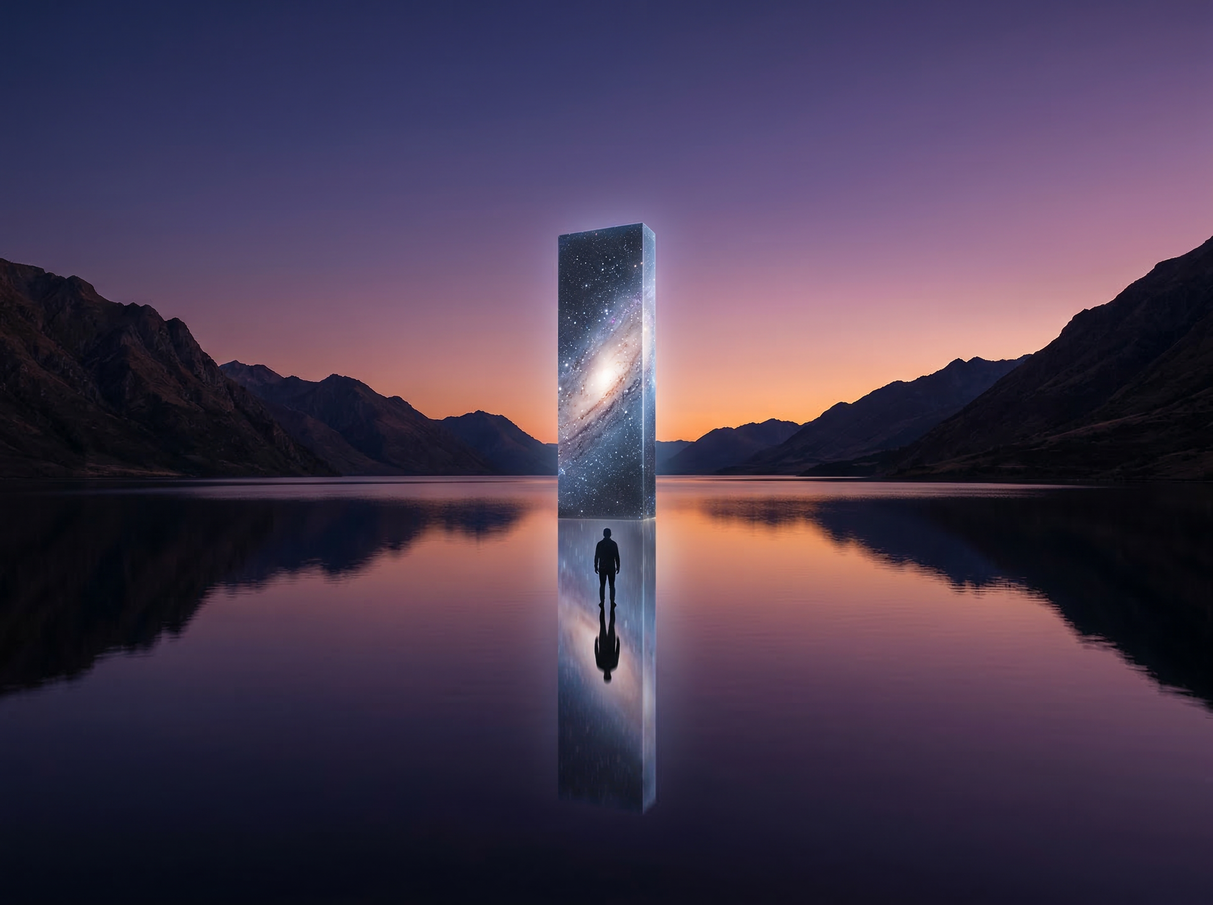 Surreal monolith portal over a sunset lake