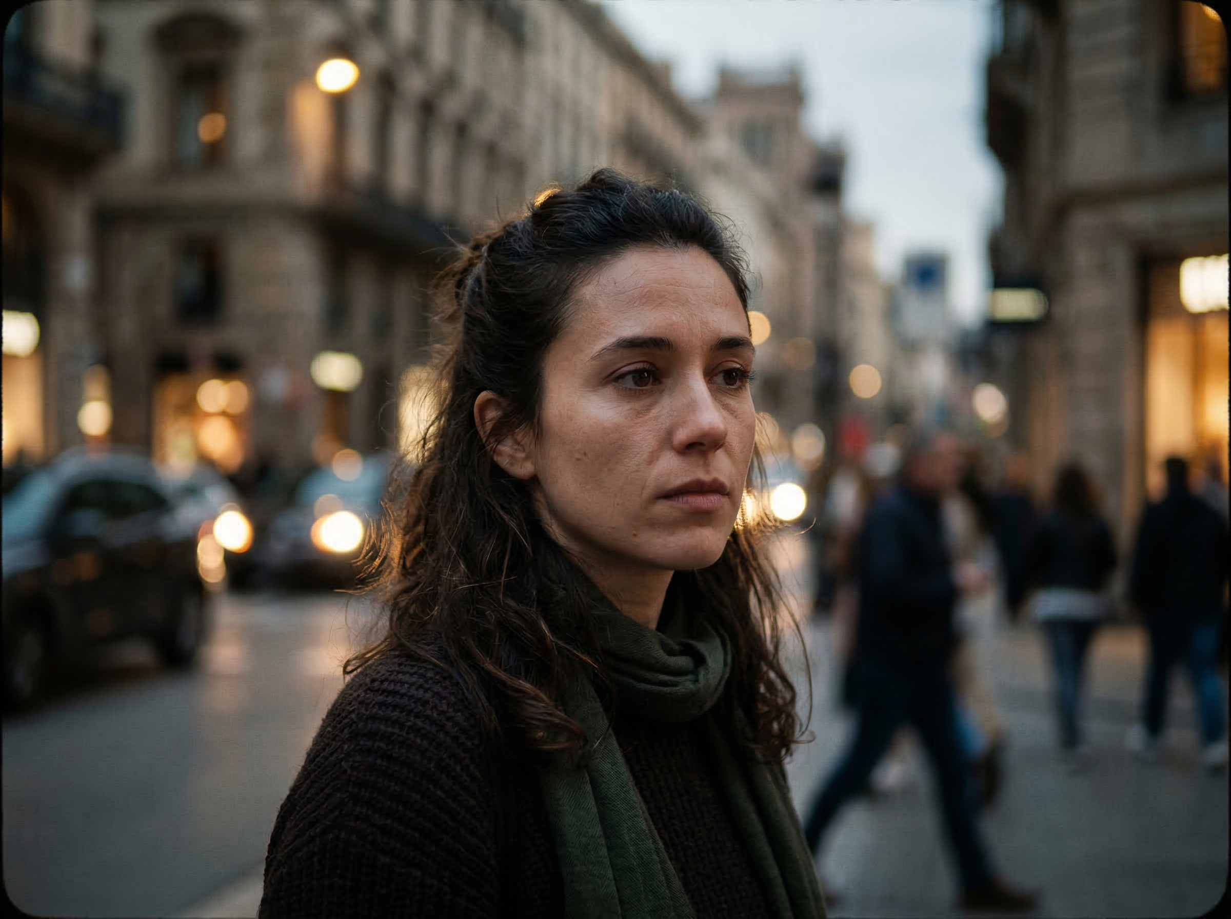 Pensive Woman on City Street at Dusk