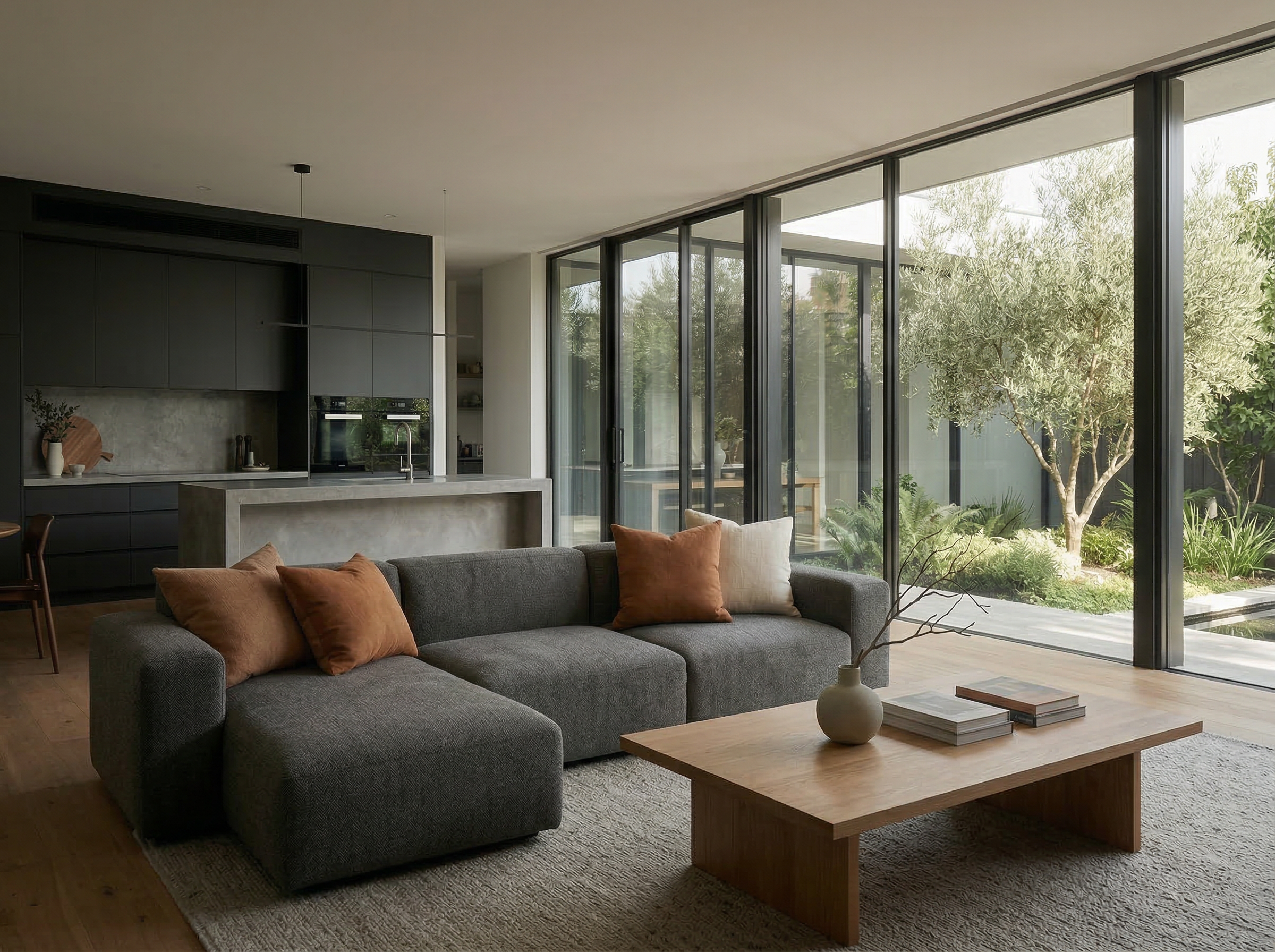 Modern open-plan living room with garden view