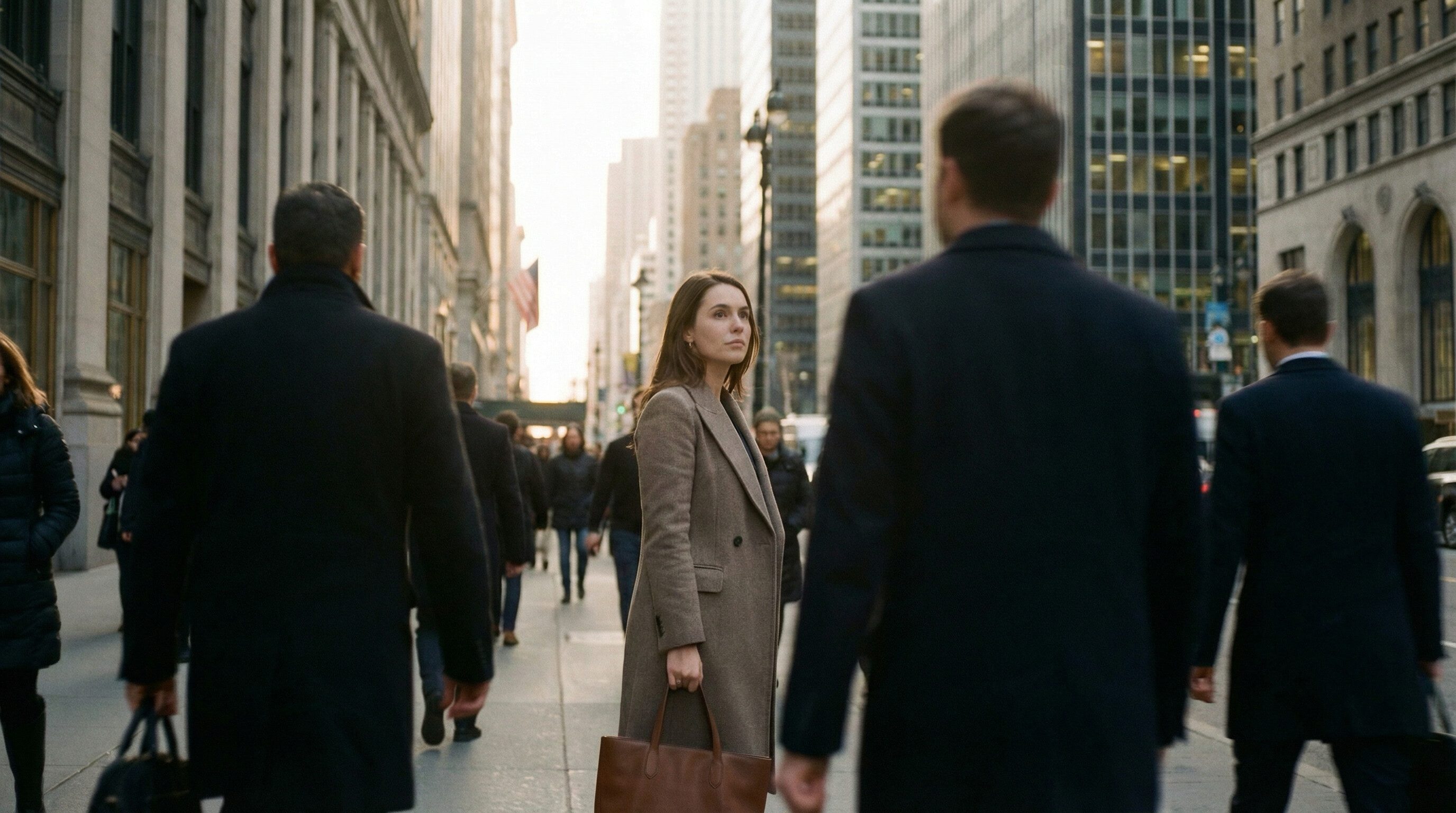 Woman walking through busy city street