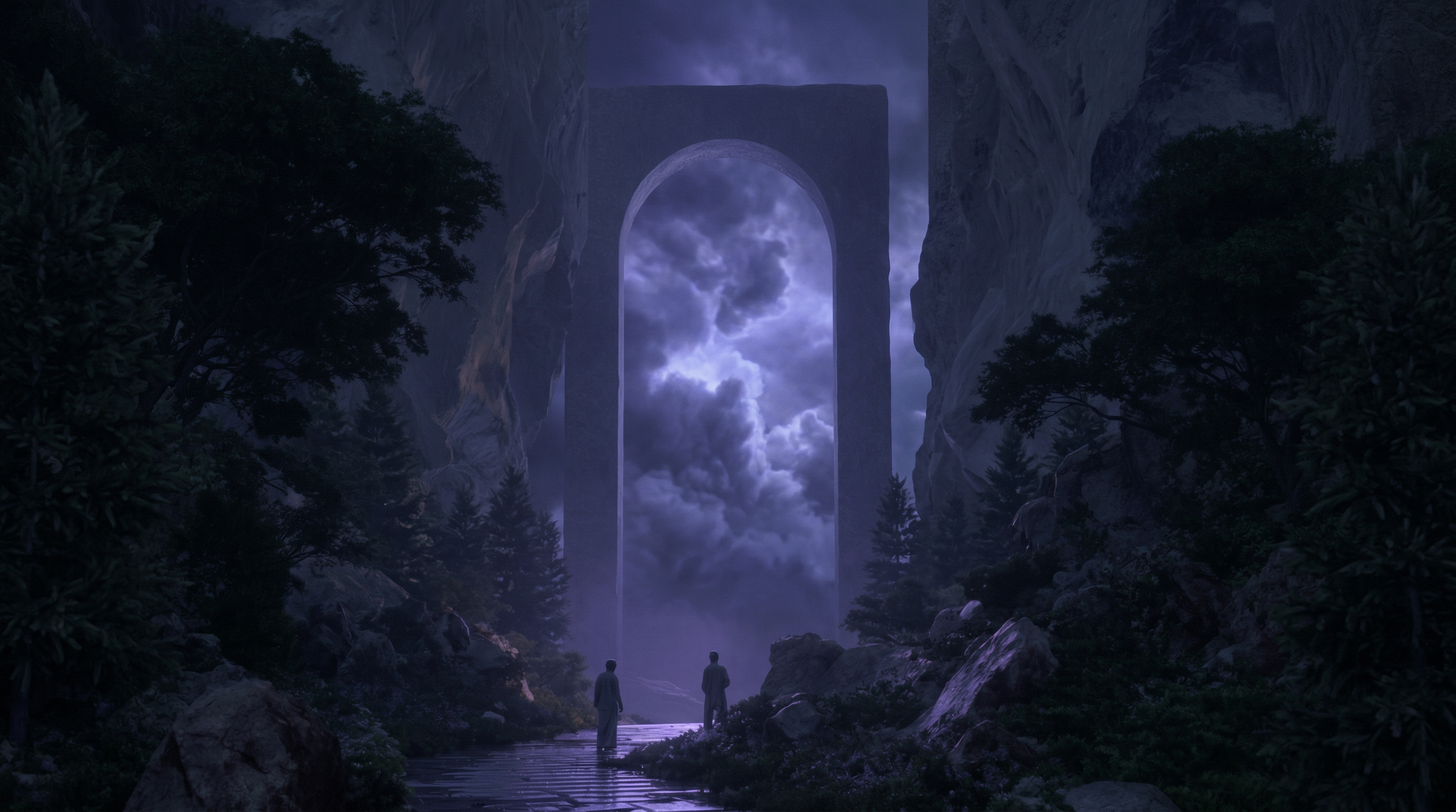 Mystical Stone Arch in a Foggy Canyon