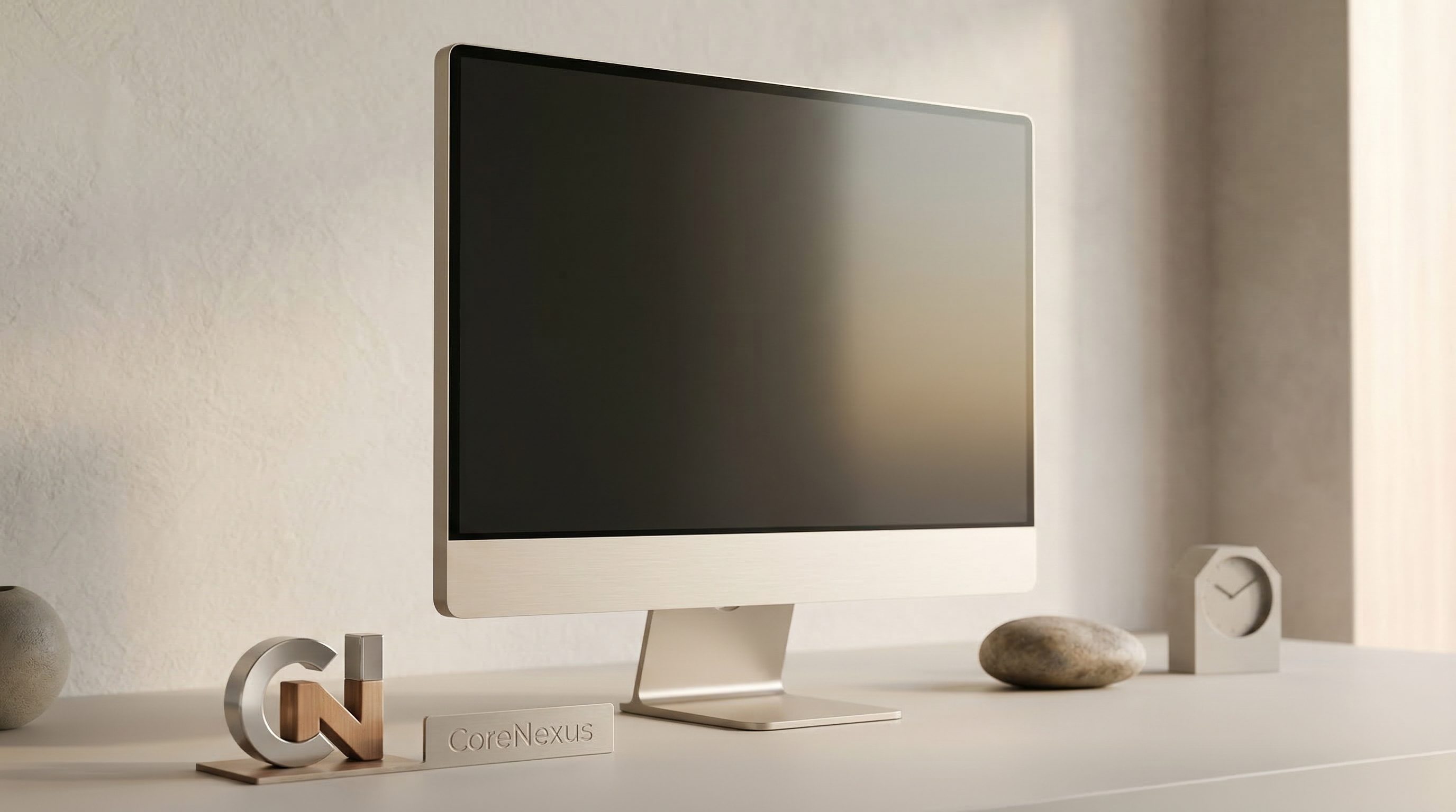 Minimal desktop monitor mockup in modern office