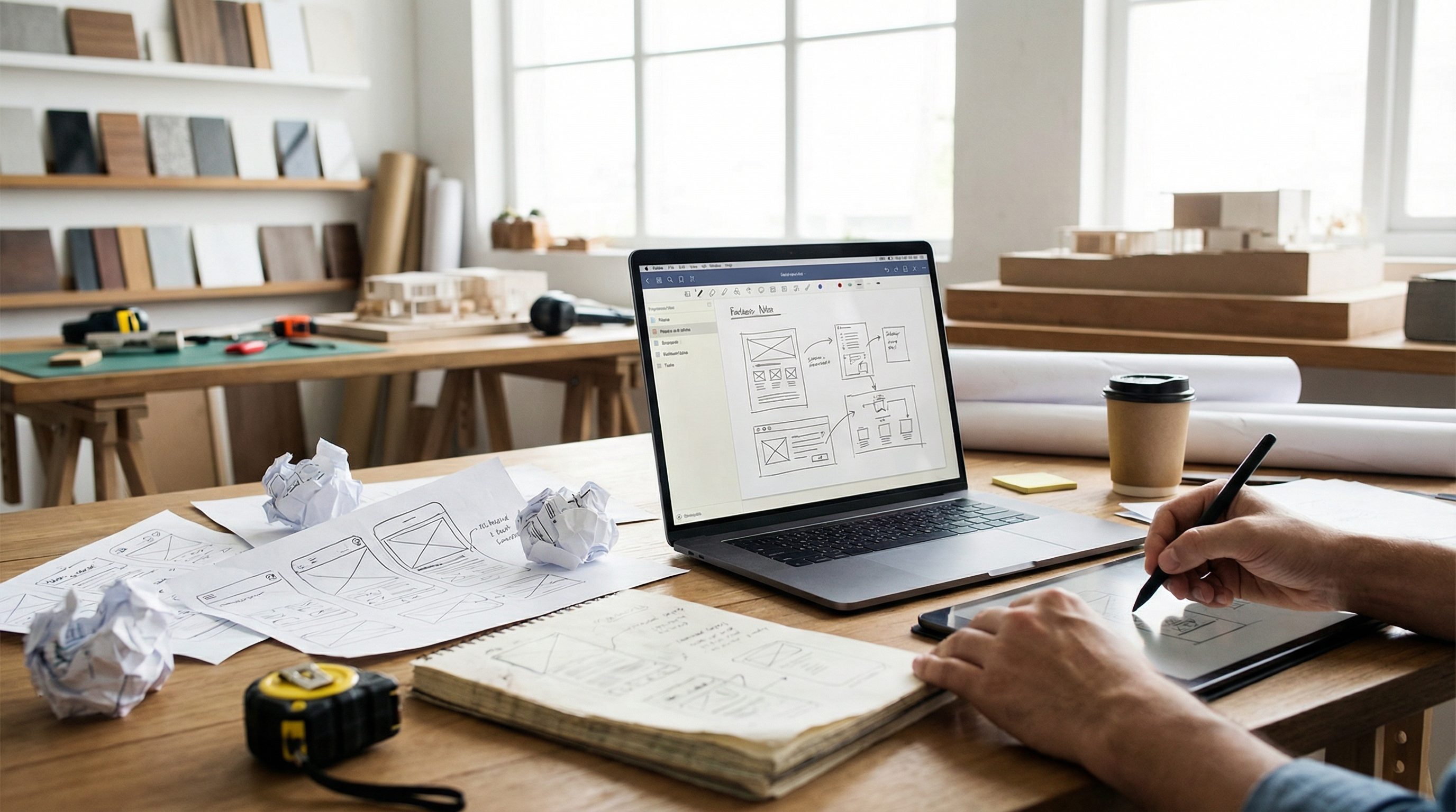 Designer sketching wireframes with laptop and tablet