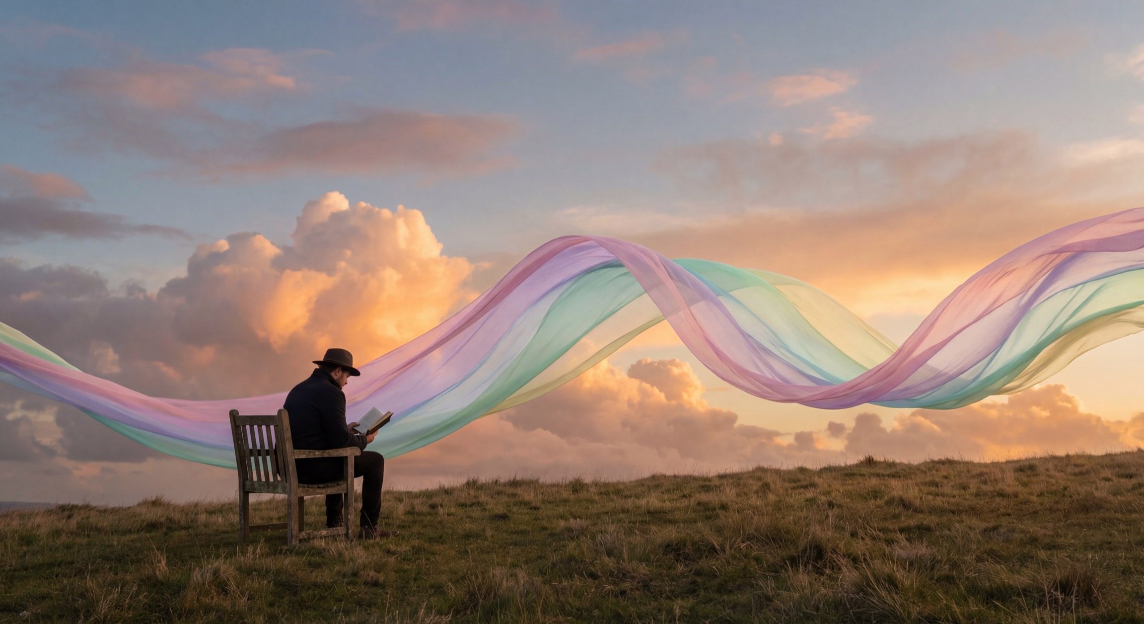 Man Reading Beneath Pastel Ribbons at Sunset