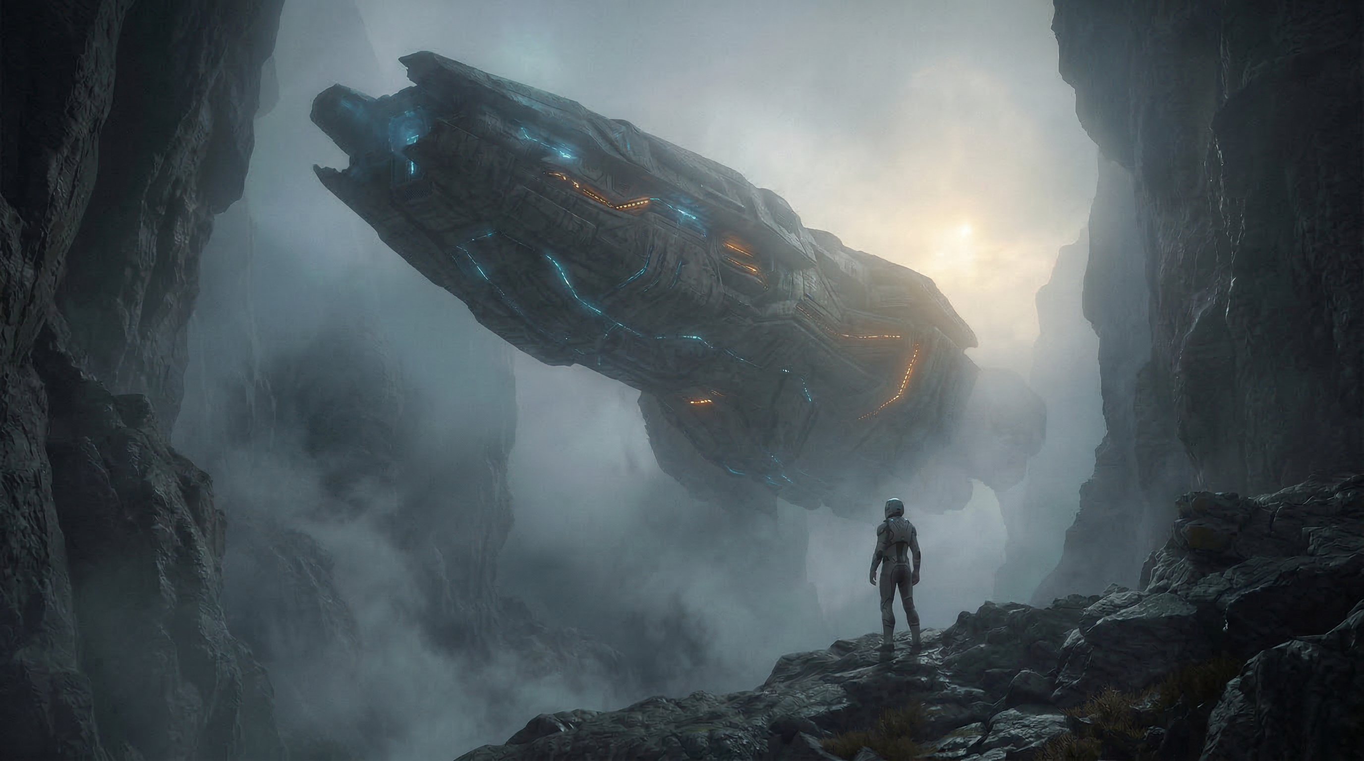 Astronaut Facing Alien Ship in Foggy Canyon