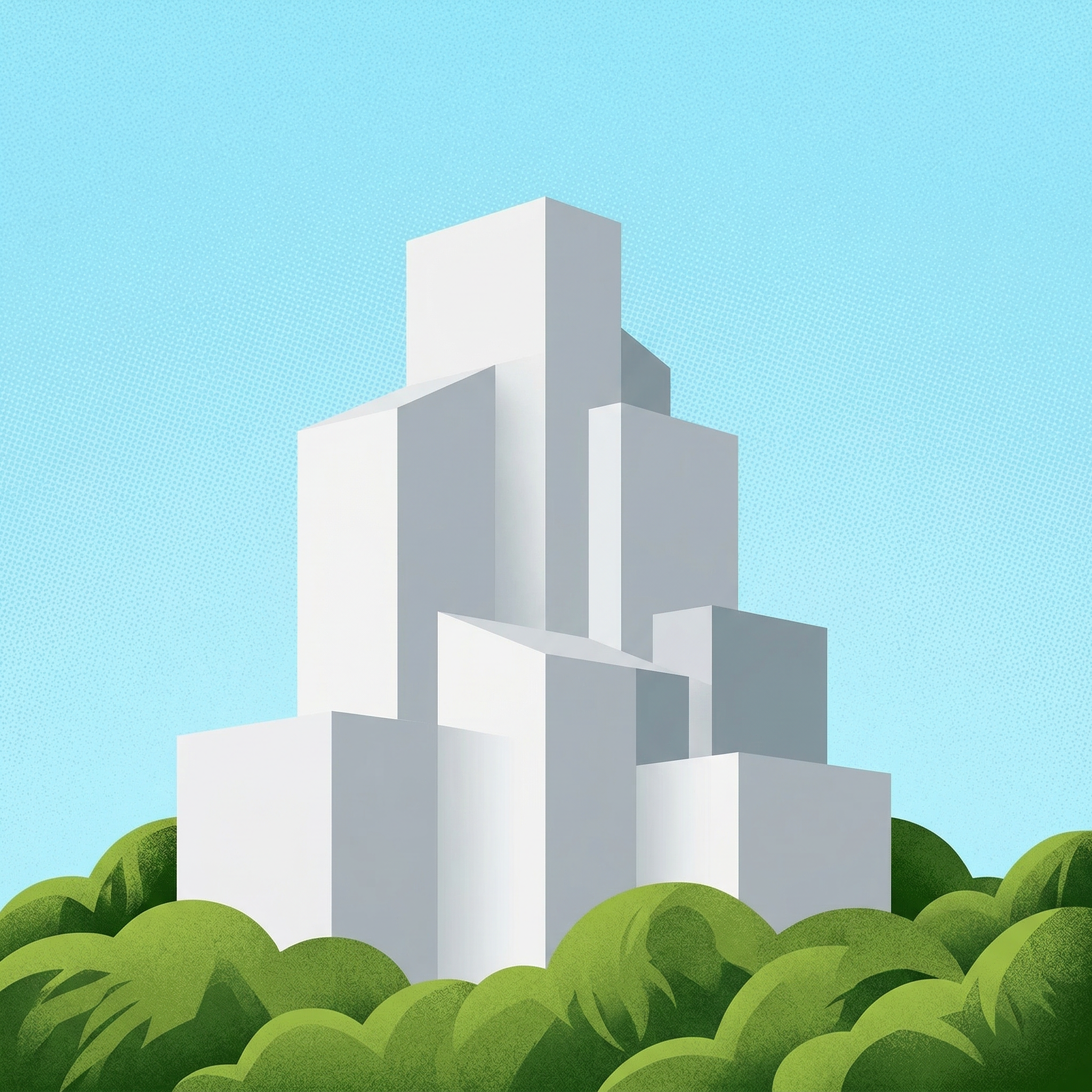 Abstract White Tower Blocks in Green Landscape