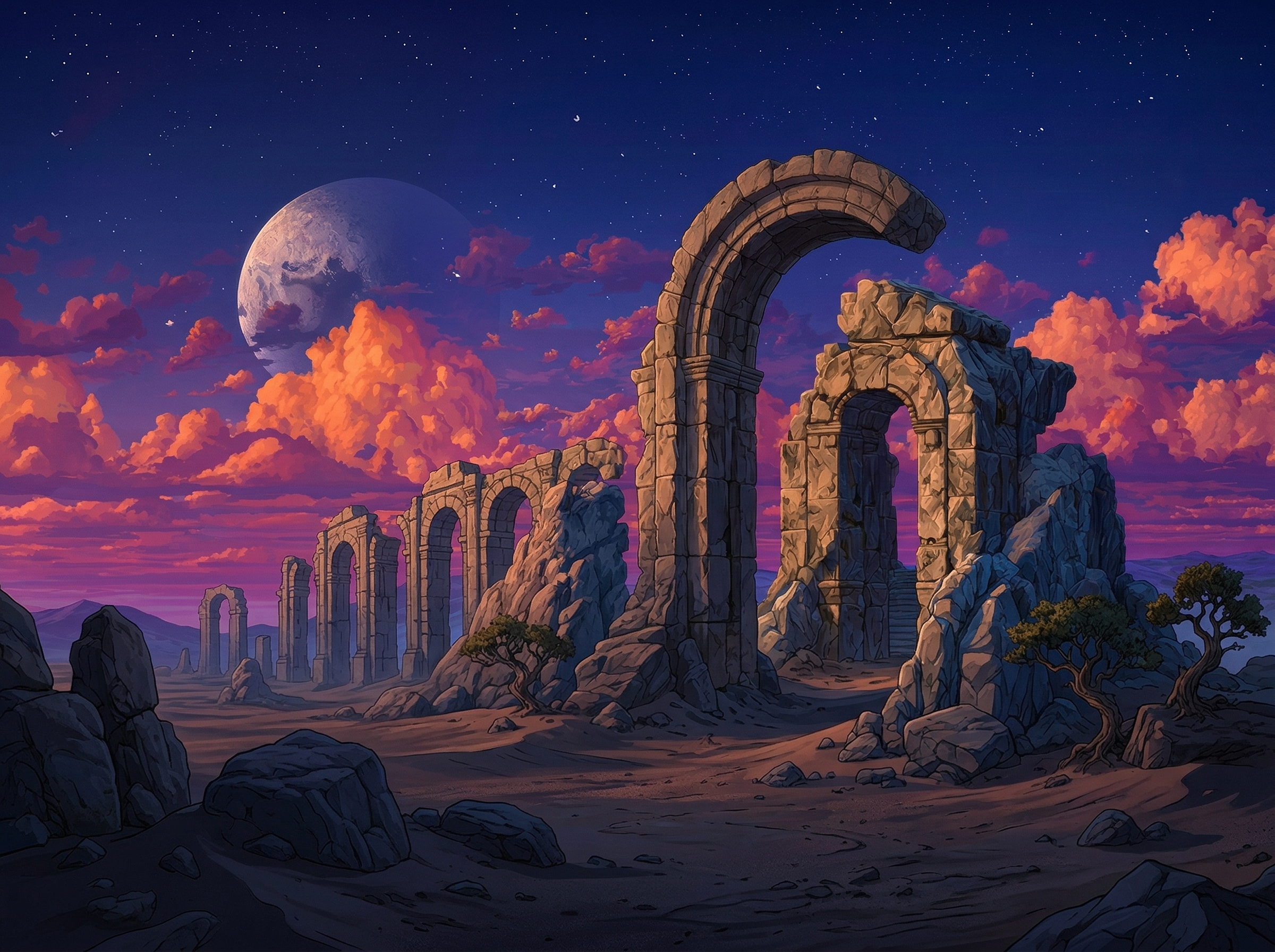 Fantasy Ruins Beneath a Celestial Night Sky