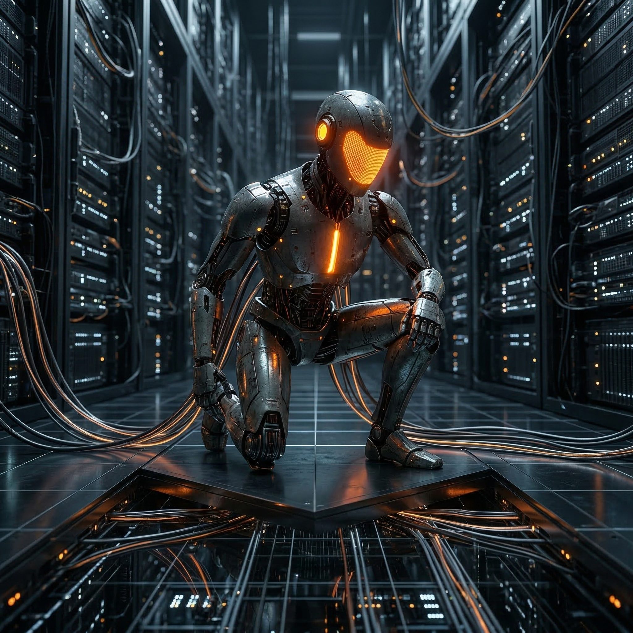 Humanoid Robot in Futuristic Server Room