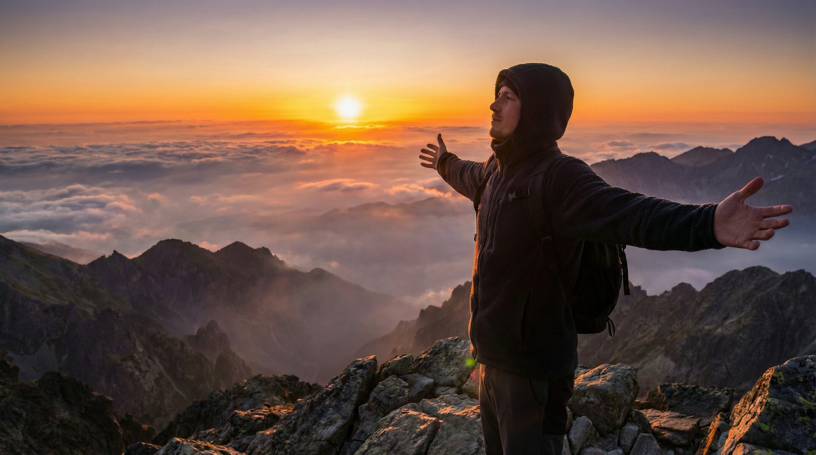 Hiker Embracing Sunrise Above Mountain Clouds