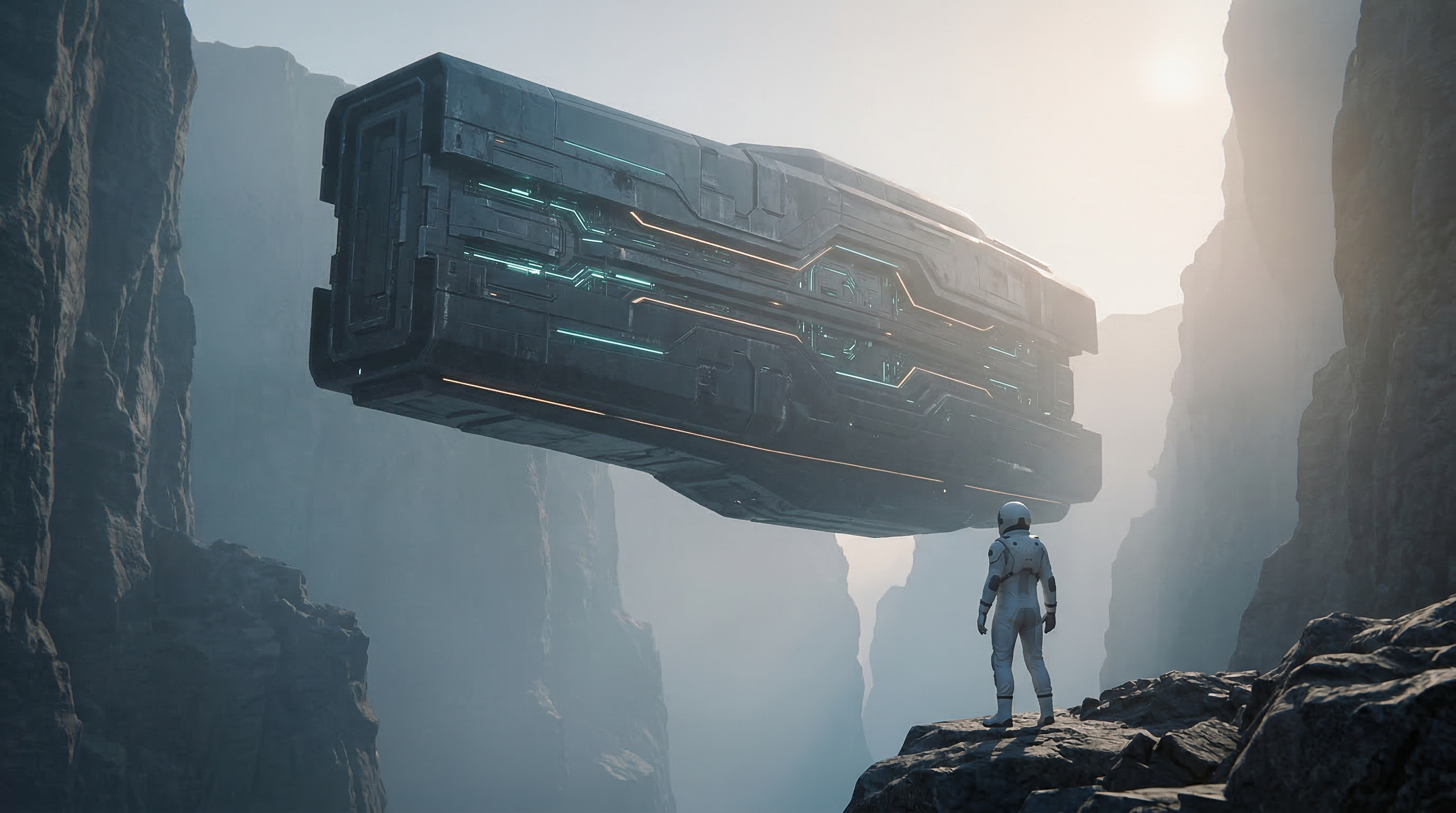 Astronaut Facing Hovering Sci-Fi Monolith