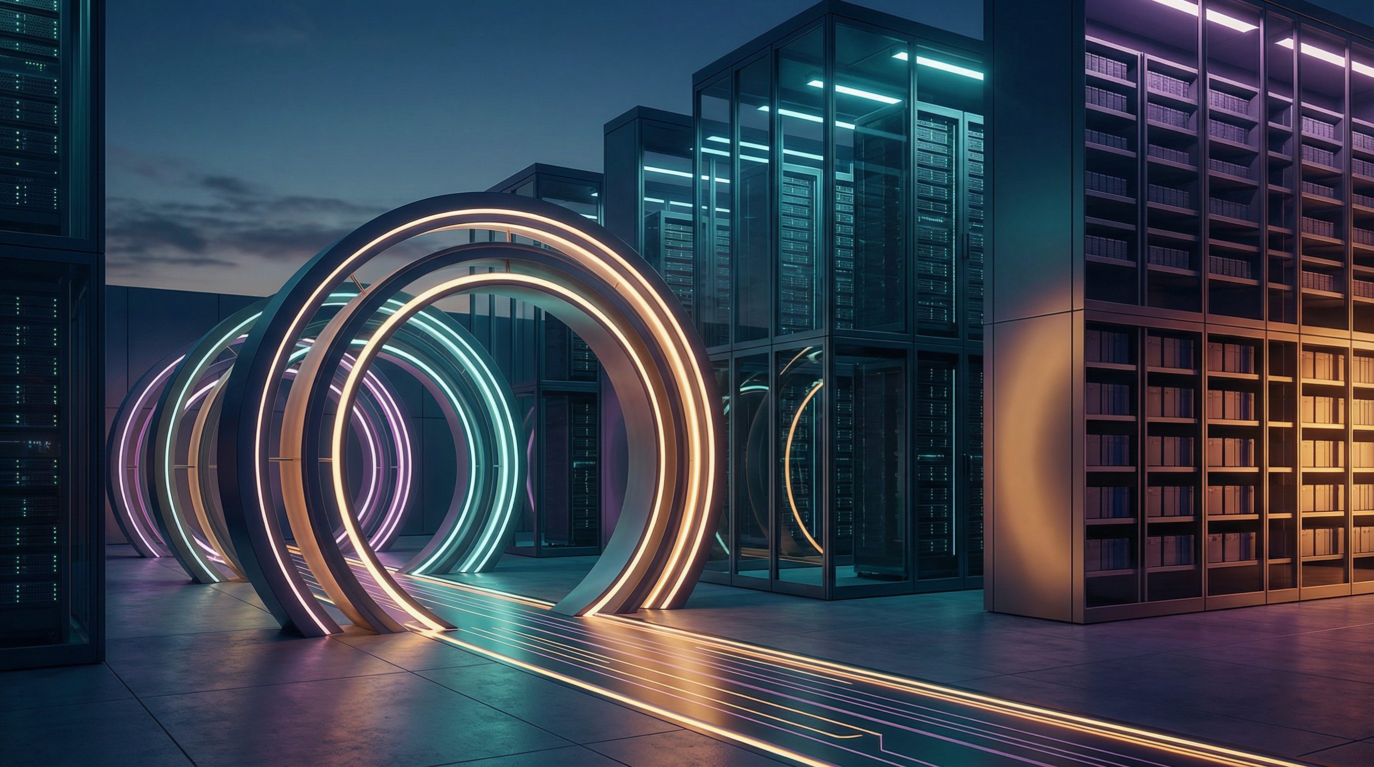 Futuristic data center with neon light portals