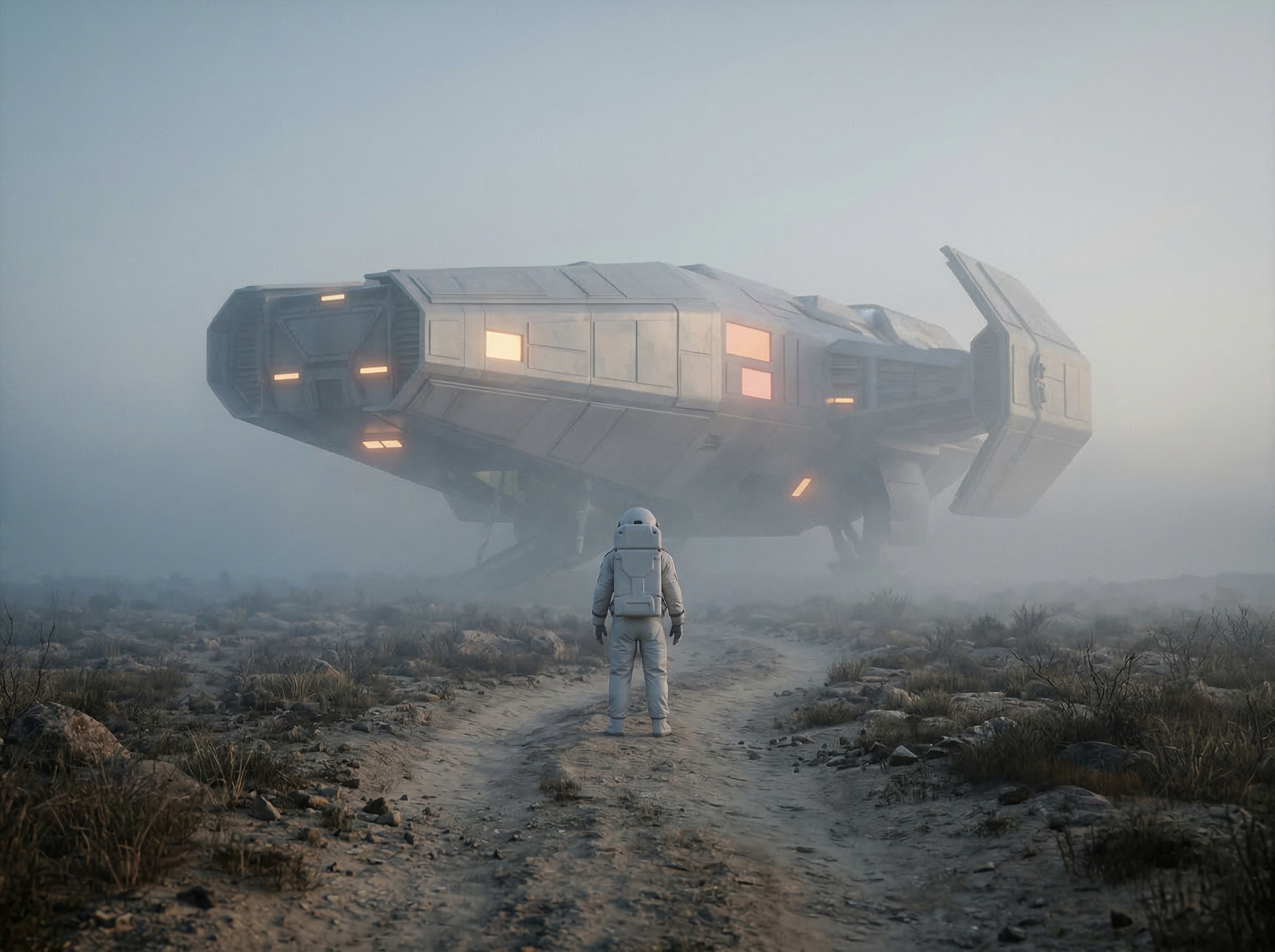 Astronaut Facing Landed Spacecraft in Fog