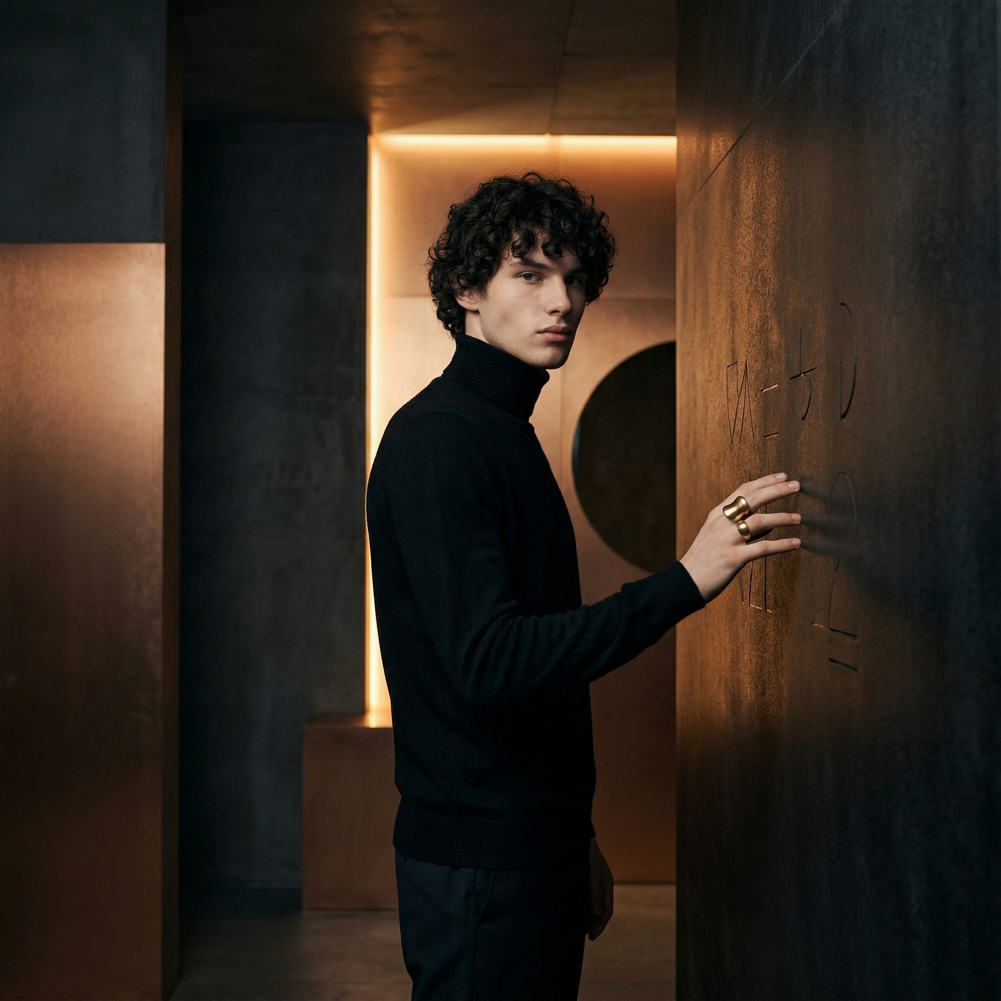 Moody portrait in modern corridor with warm light