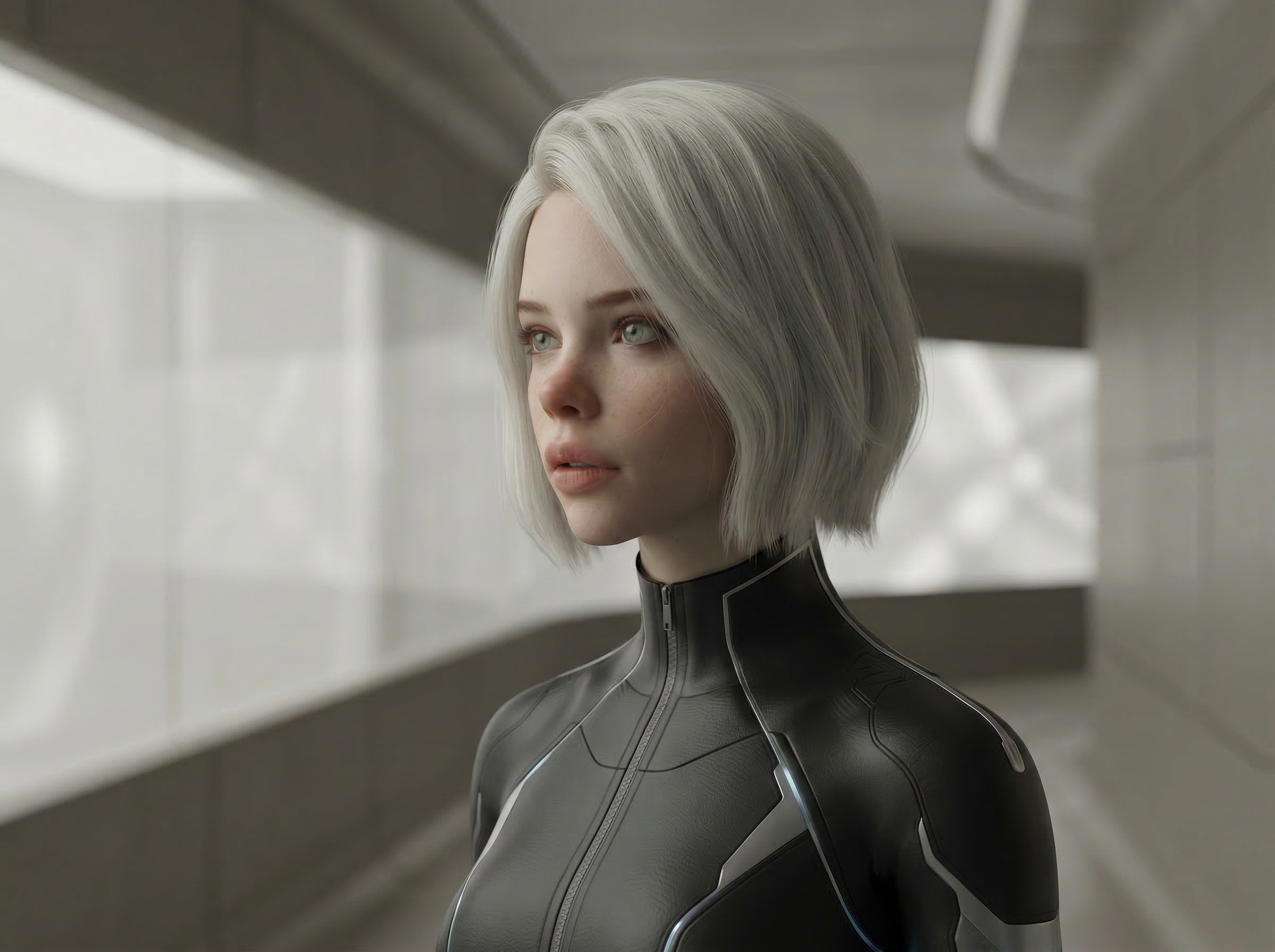 Futuristic Woman in Sleek Black Suit