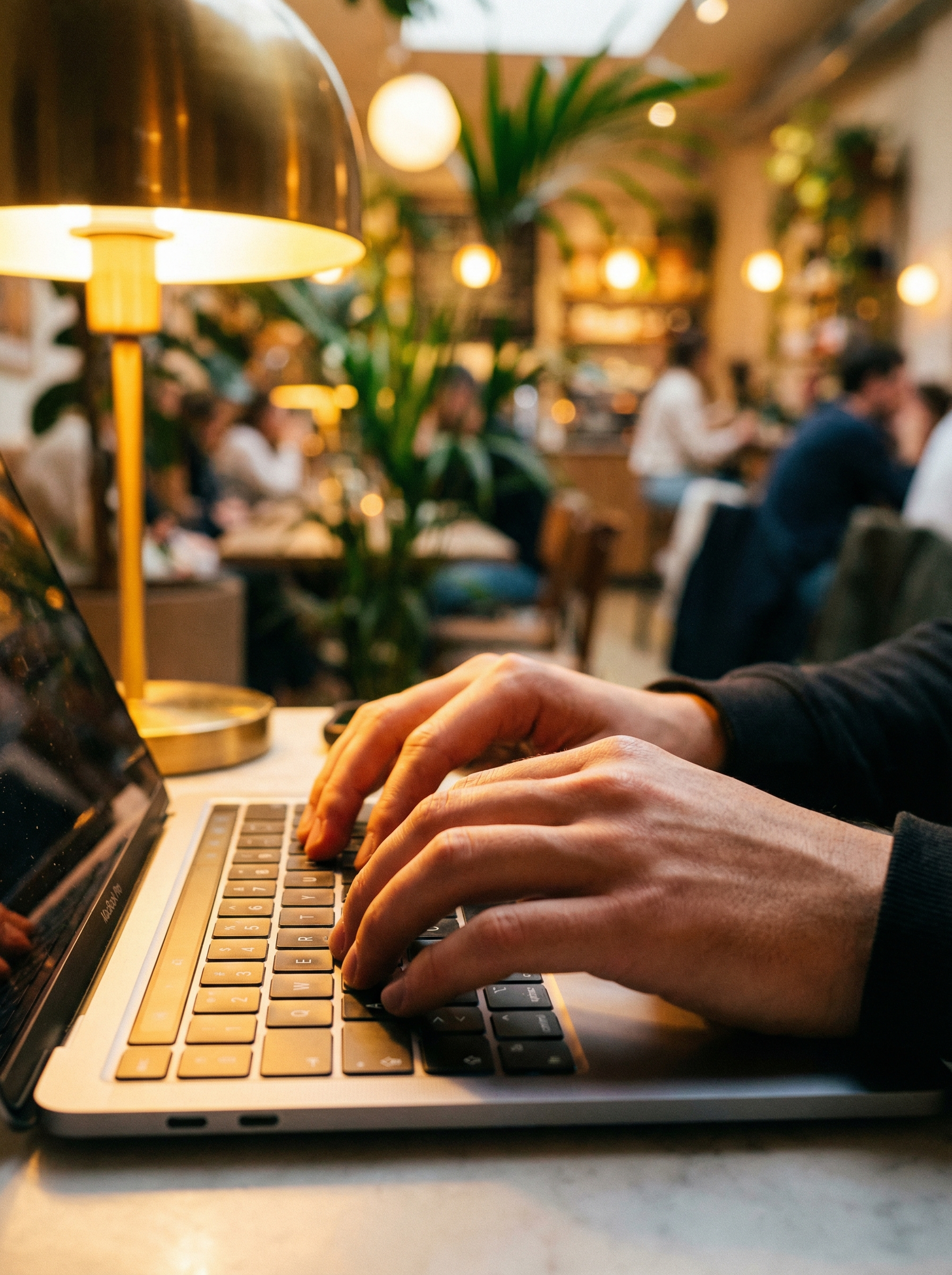 Hands Typing on Laptop in Cozy Cafe