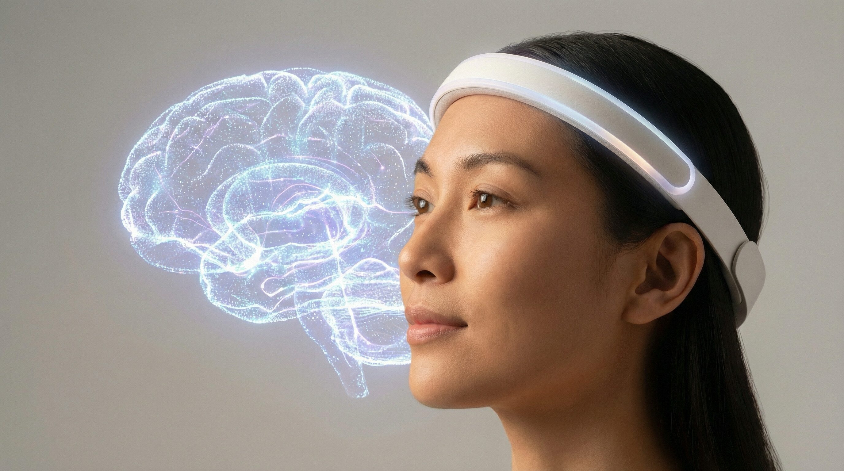 Woman with futuristic brain interface headset