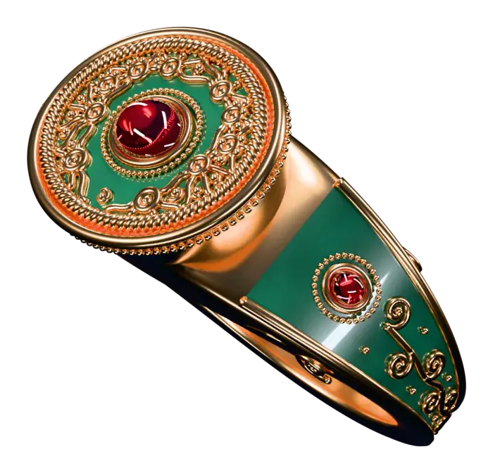 Gold filigree signet ring with a ruby