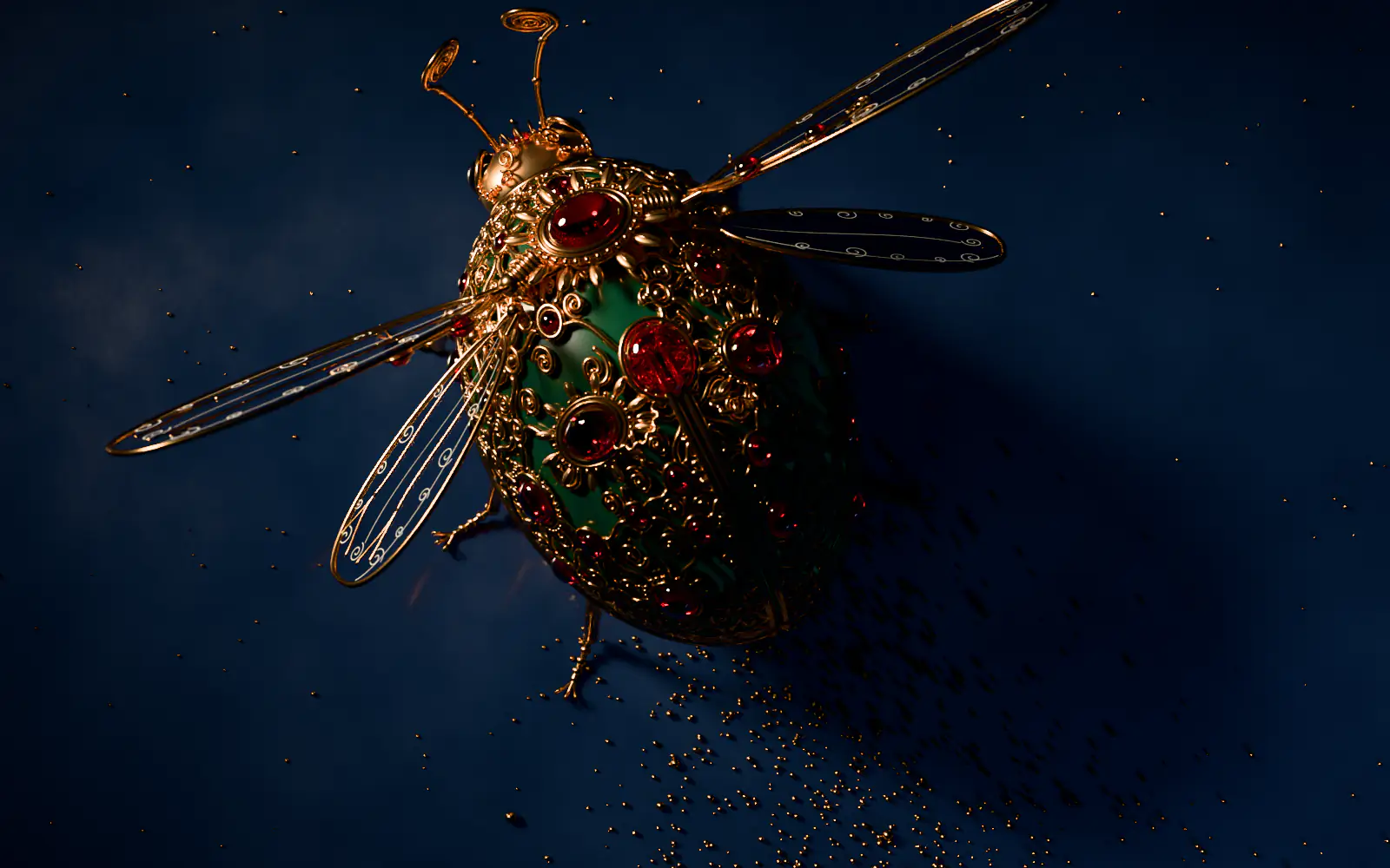 Top view of the ladybug walking through gold dust