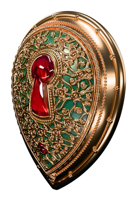 Domed gold filigree shield shaped like a wing case