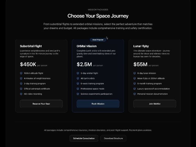 Space Tourism Pricing Cards