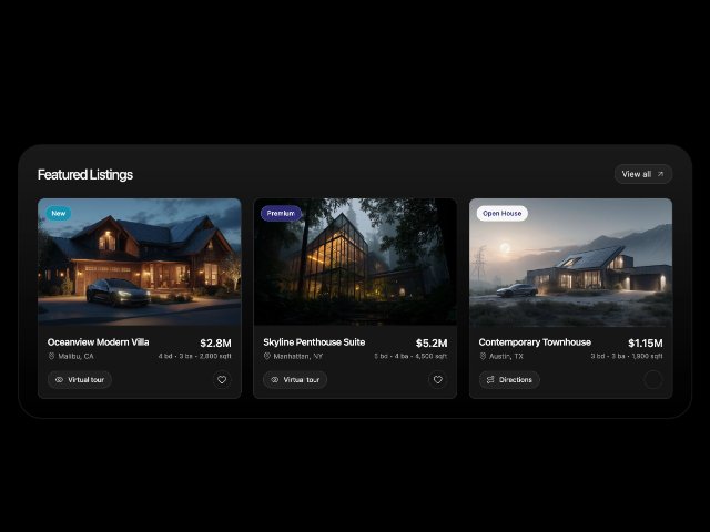 Featured Property Listings Grid with Interactive Cards — HTML/CSS UI ...