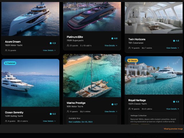 Luxury Yacht Masonry Gallery with Hover Cards